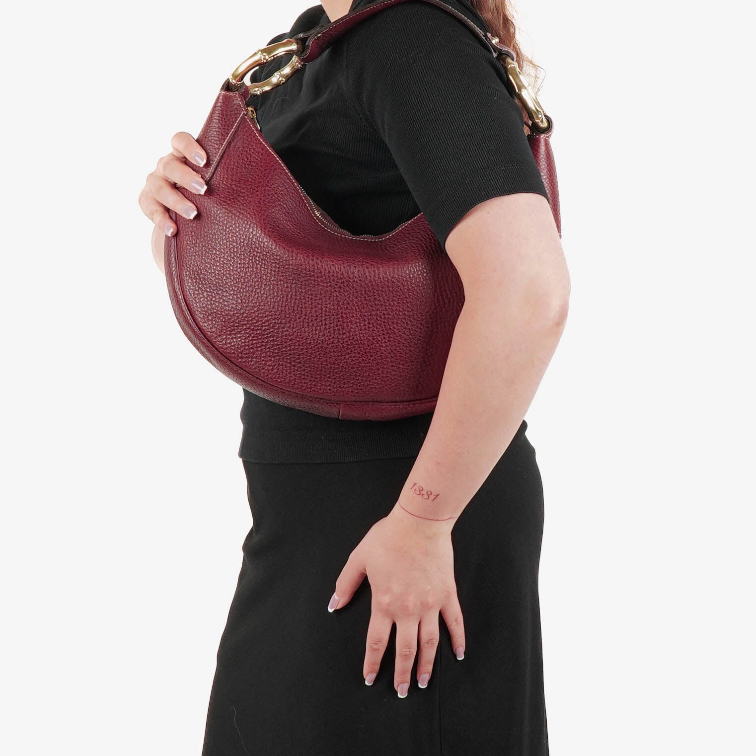 Gucci Bordeaux Pebbled Leather Bamboo Ring Hobo Bag