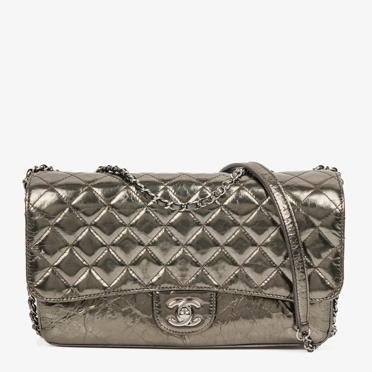Chanel Metallic Crackled Leather Clams Pocket Flap Bag