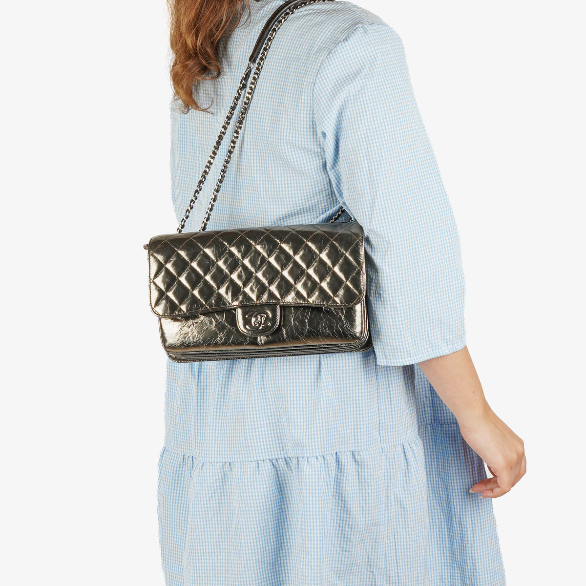 Chanel Metallic Crackled Leather Clams Pocket Flap Bag