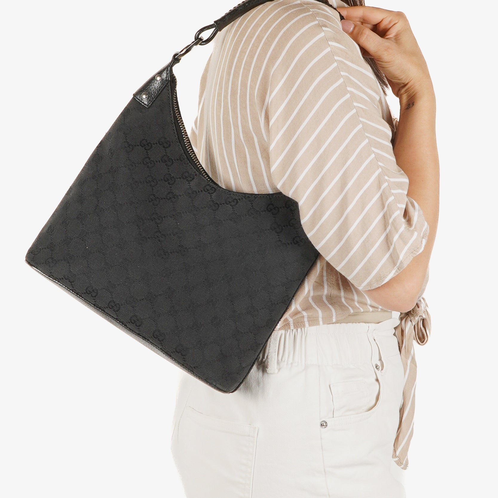 Gucci GG Canvas Braided Handle Ring Hobo Bag