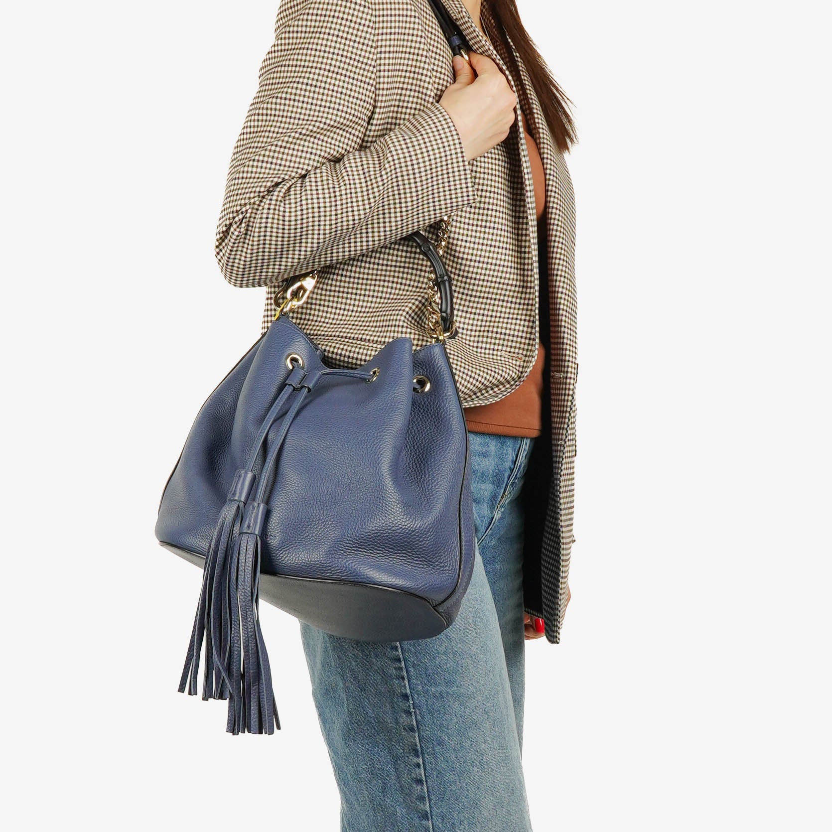 Gucci Miss Bamboo Pebbled Blue Calfskin Bucket Bag