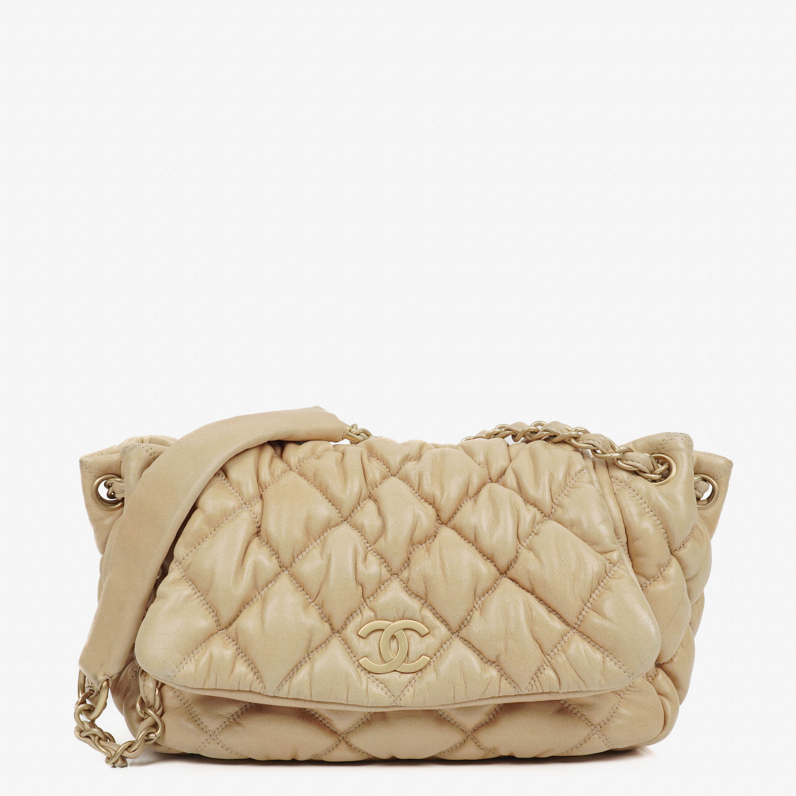 Chanel Beige Lambskin Bubble Quilt Accordion Flap Bag