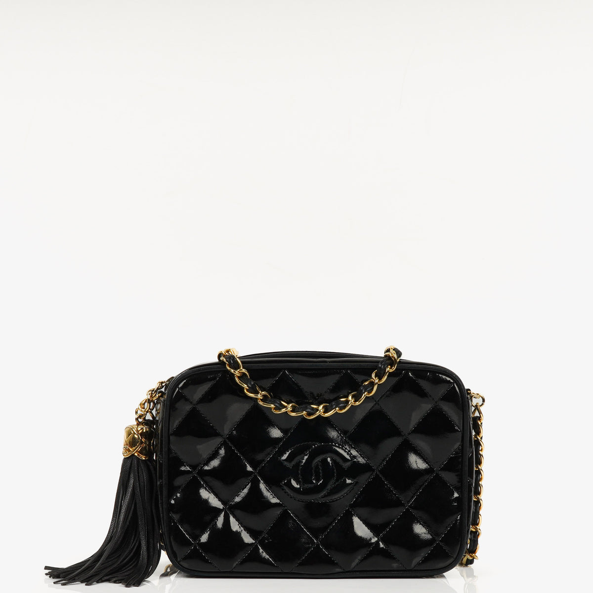 Chanel Vintage Small Camera Tassel Bag In Black Quilted Patent Leather