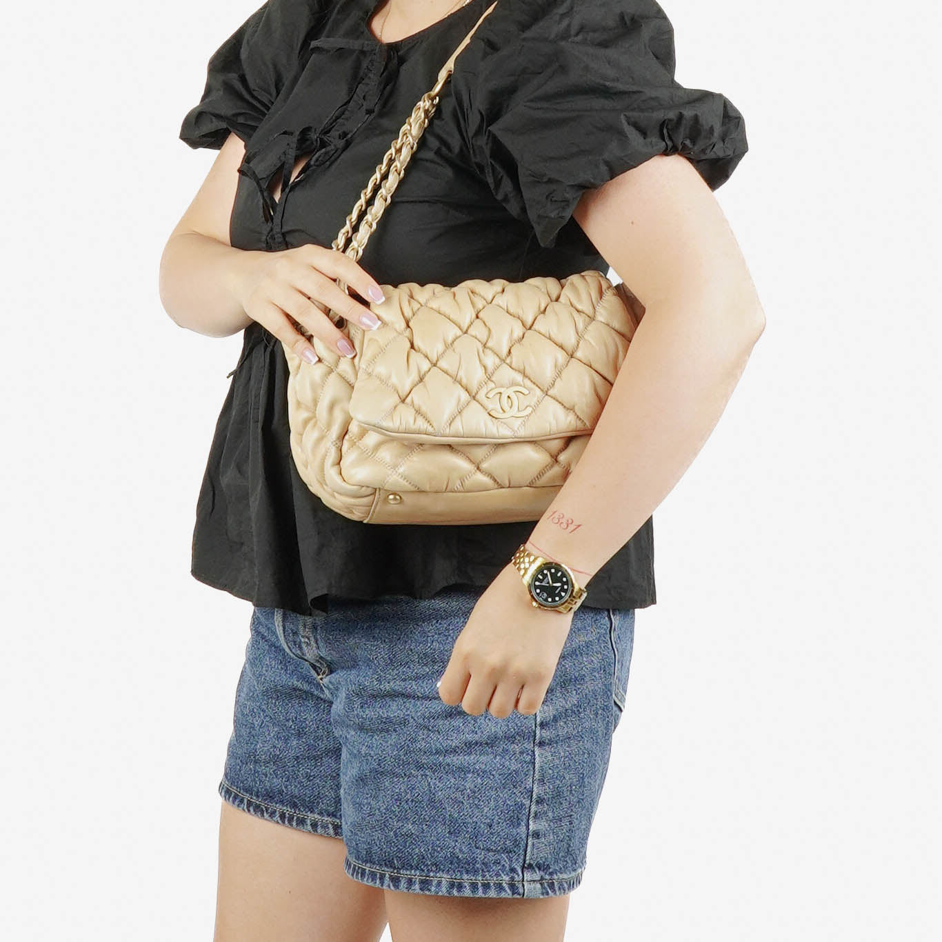 Chanel Beige Lambskin Bubble Quilt Accordion Flap Bag