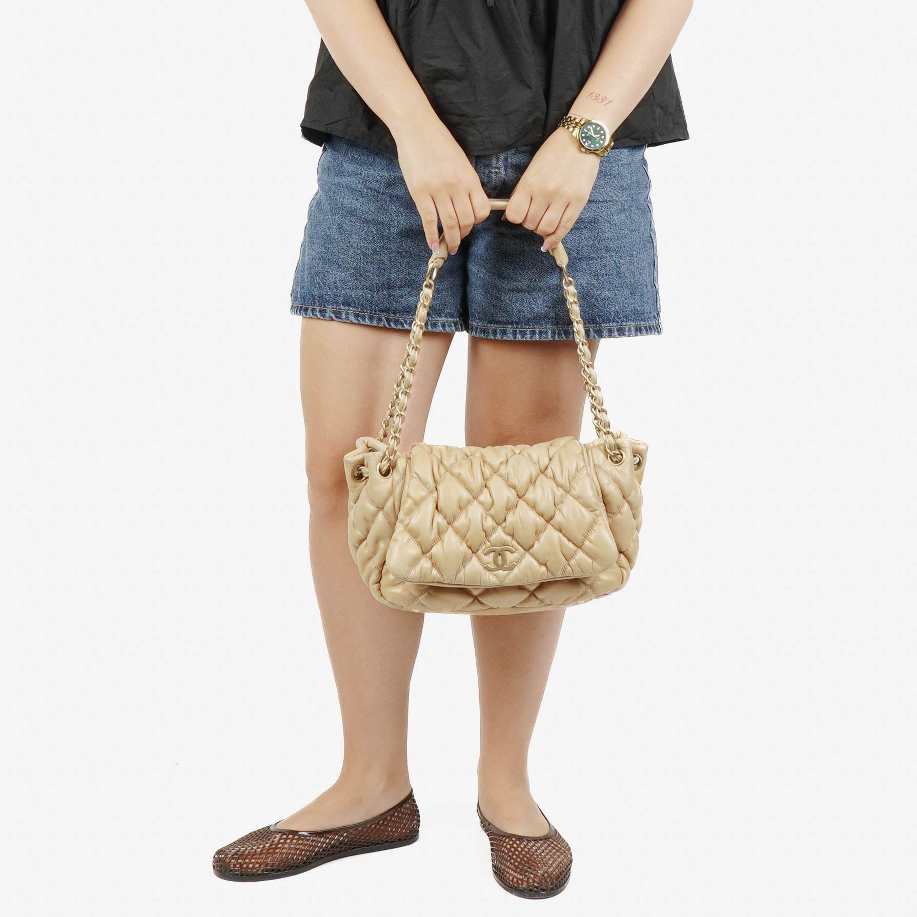 Chanel Beige Lambskin Bubble Quilt Accordion Flap Bag