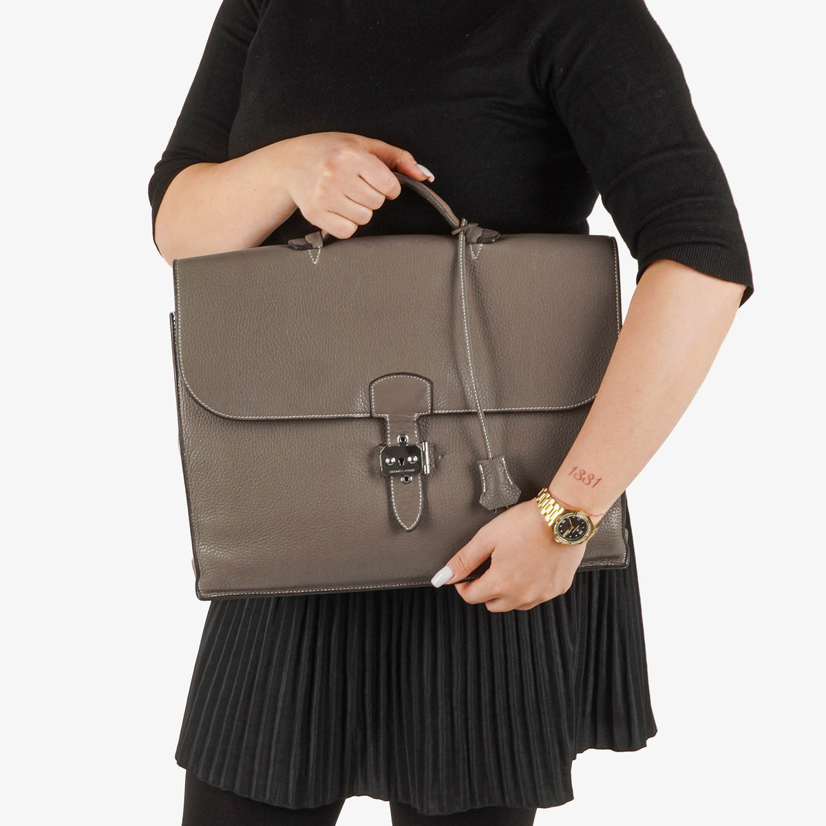 Hermes Sac a Depeches Gris Tourterelle Clemence Leather Palladium Plated 38cm Briefcase Bag