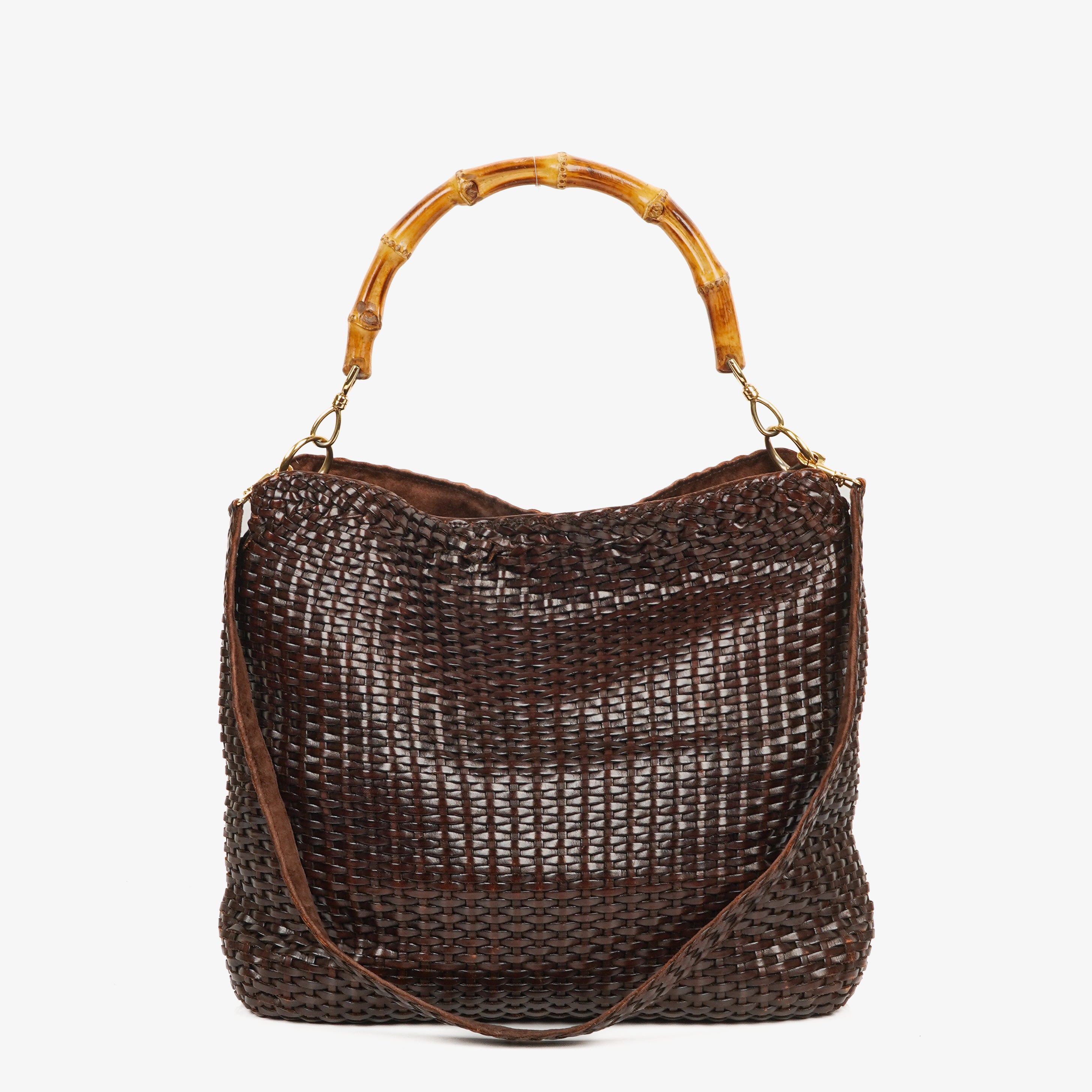 Gucci Brown Woven Leather Bamboo Top Handle Bag