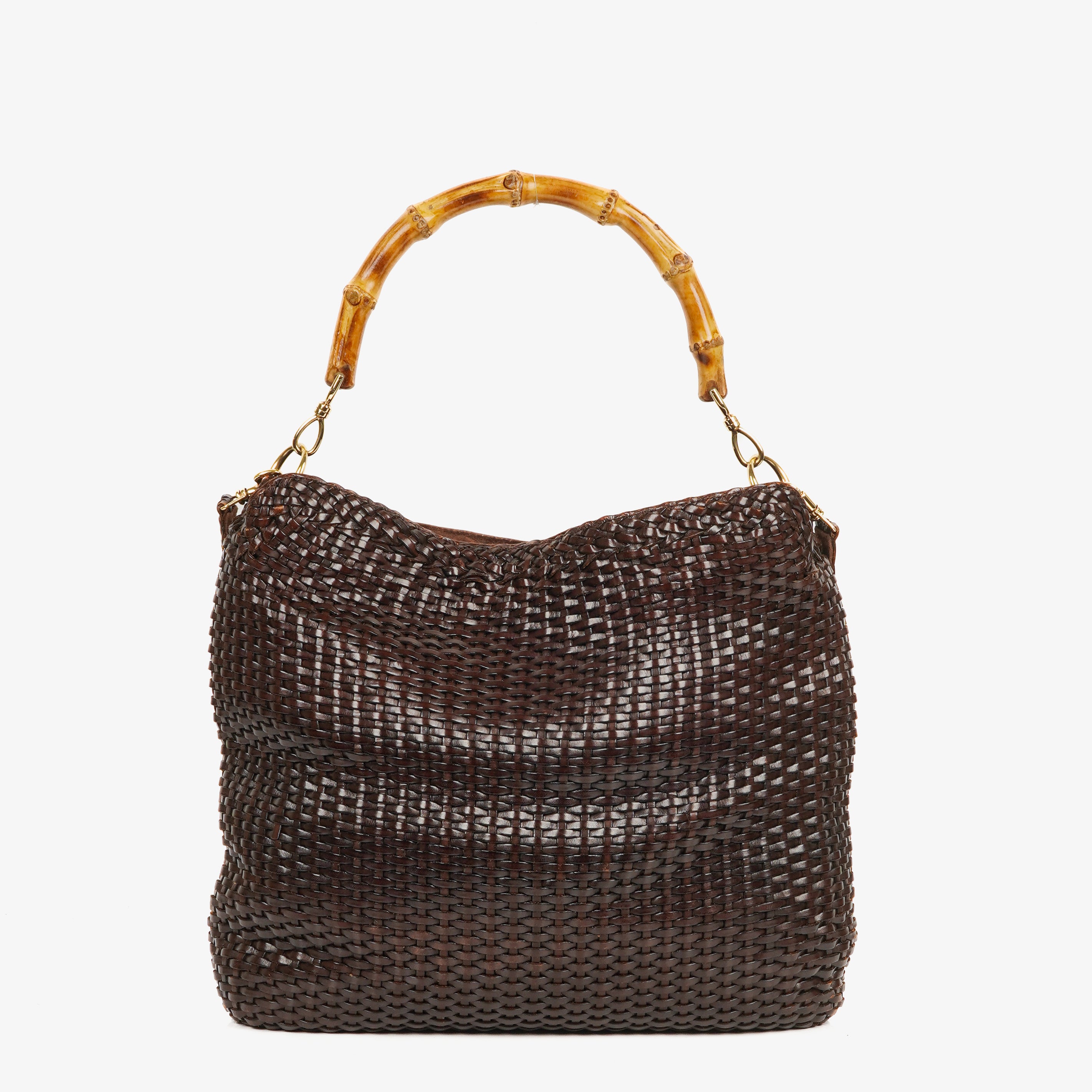 Gucci Brown Woven Leather Bamboo Top Handle Bag