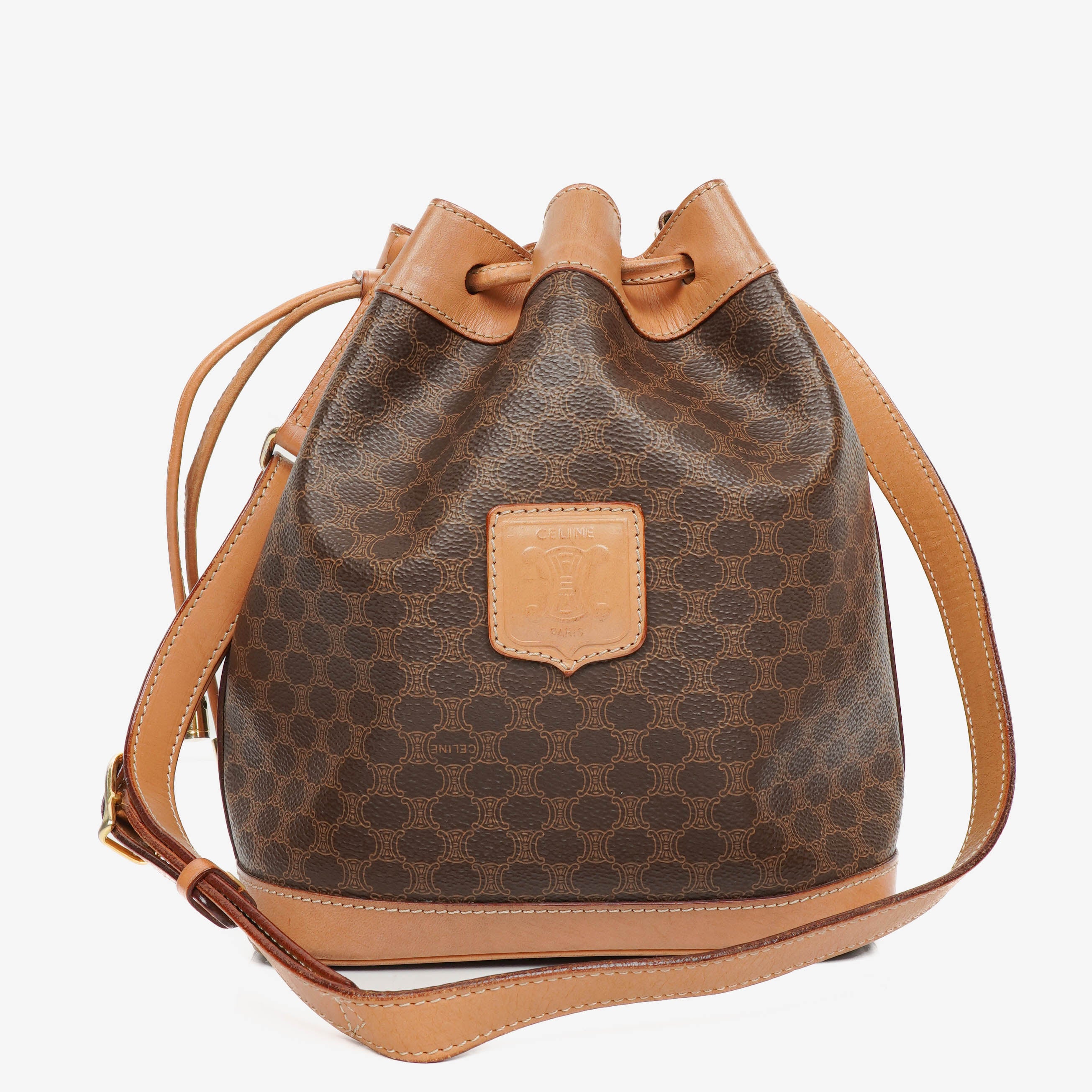 Celine Vintage Macadam Brown Drawstring Bucket Bag