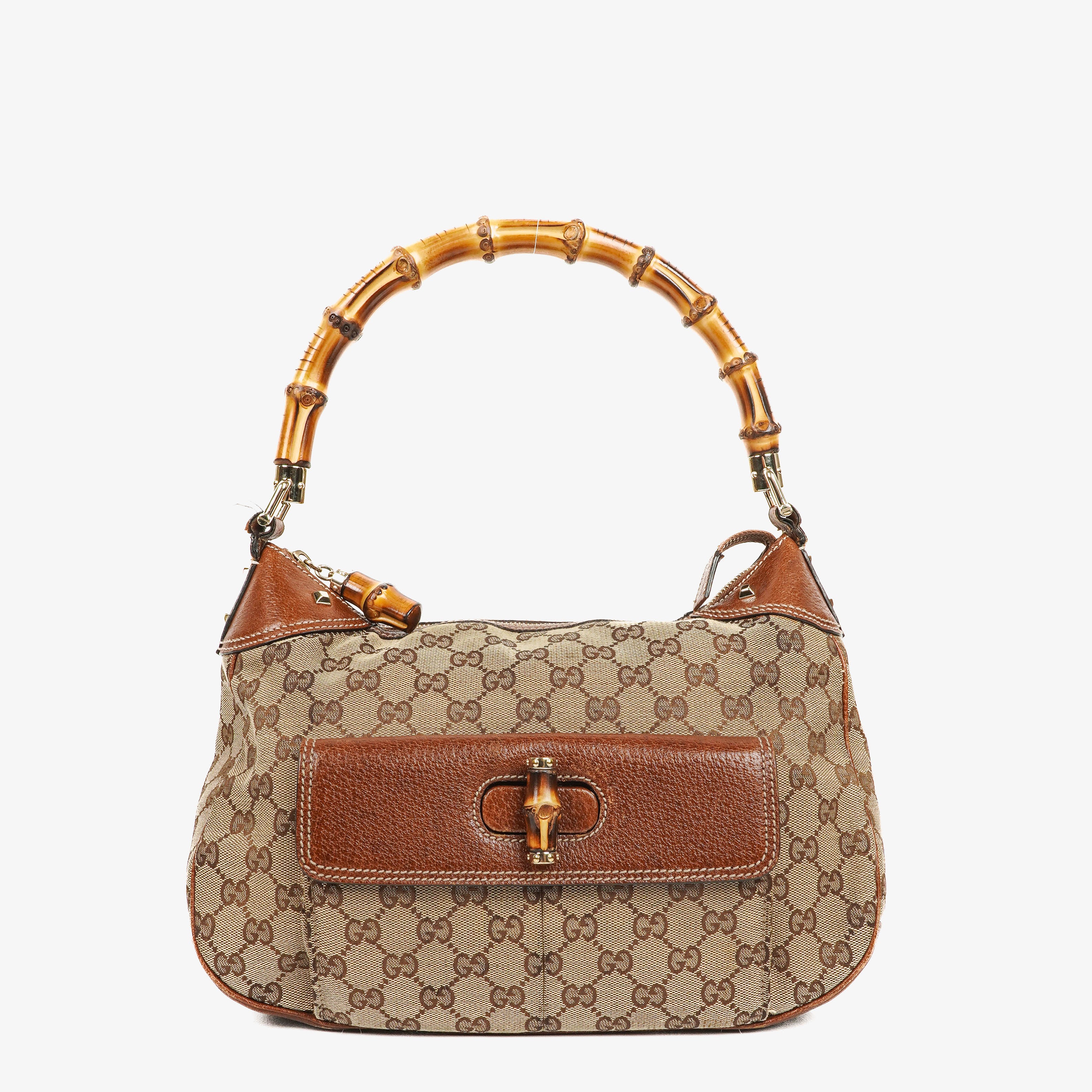 Gucci Bamboo Top Handle Beige GG Canvas Bag