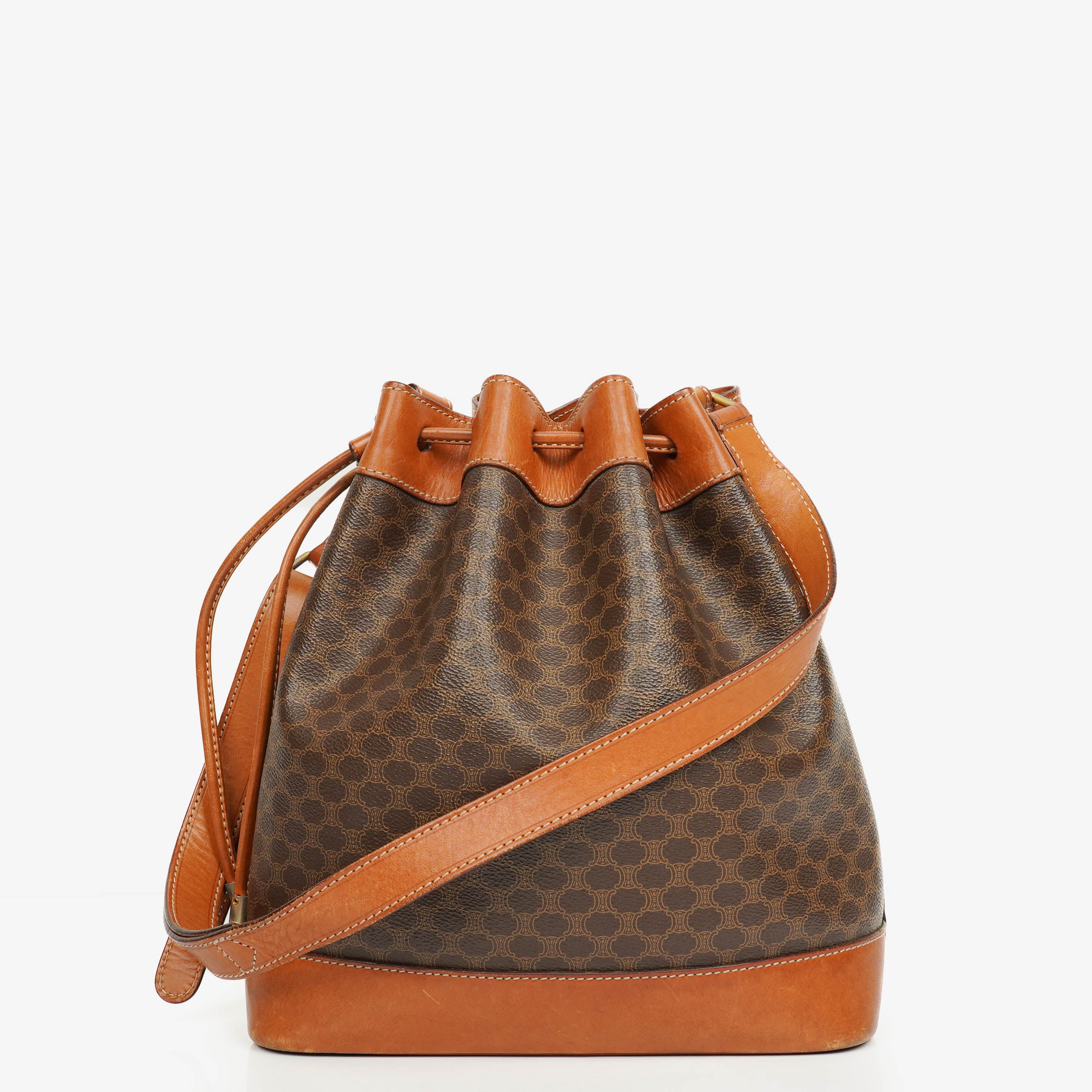 Celine Vintage Macadam Brown Drawstring Bucket Bag