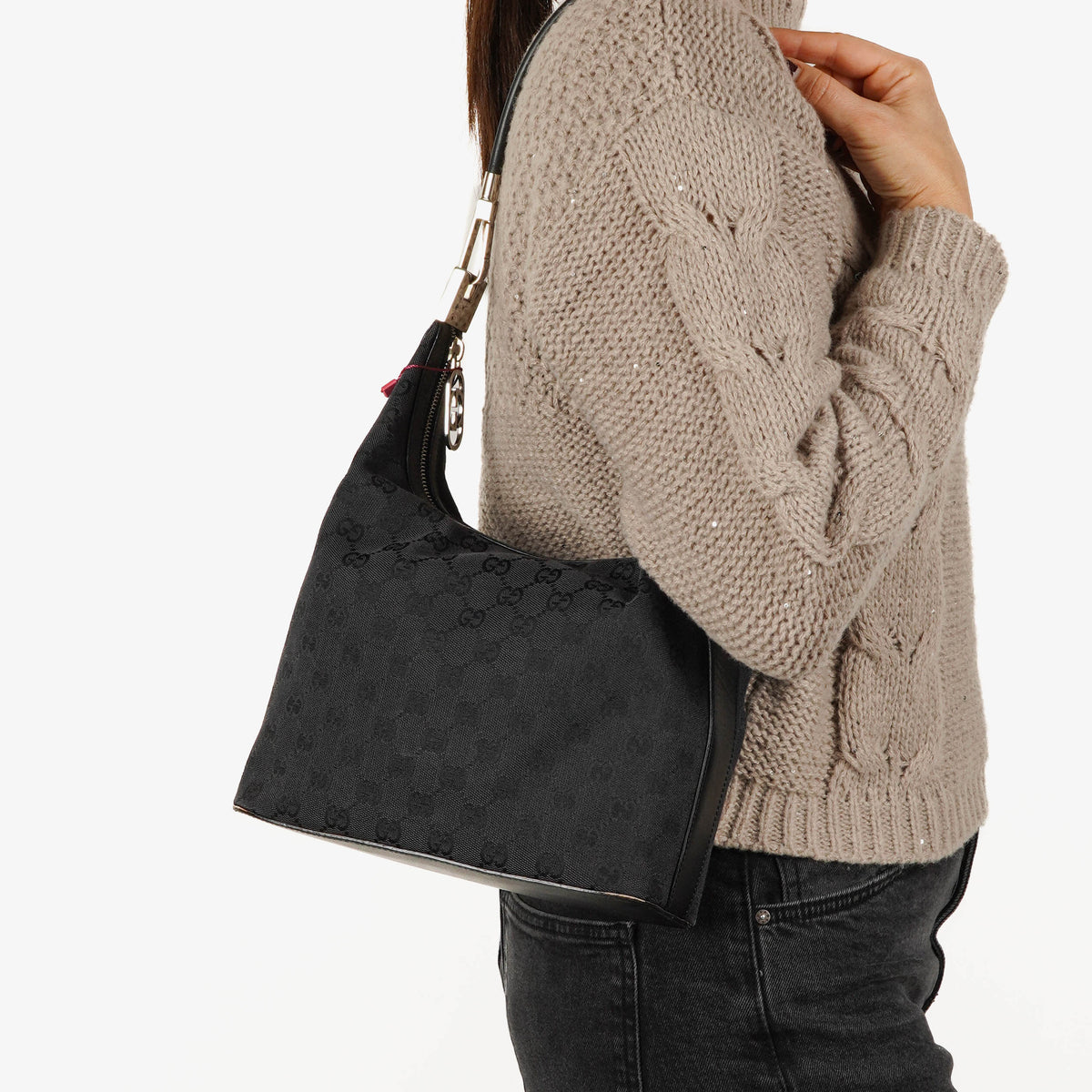 Gucci Black GG Canvas Shoulder Hobo Bag