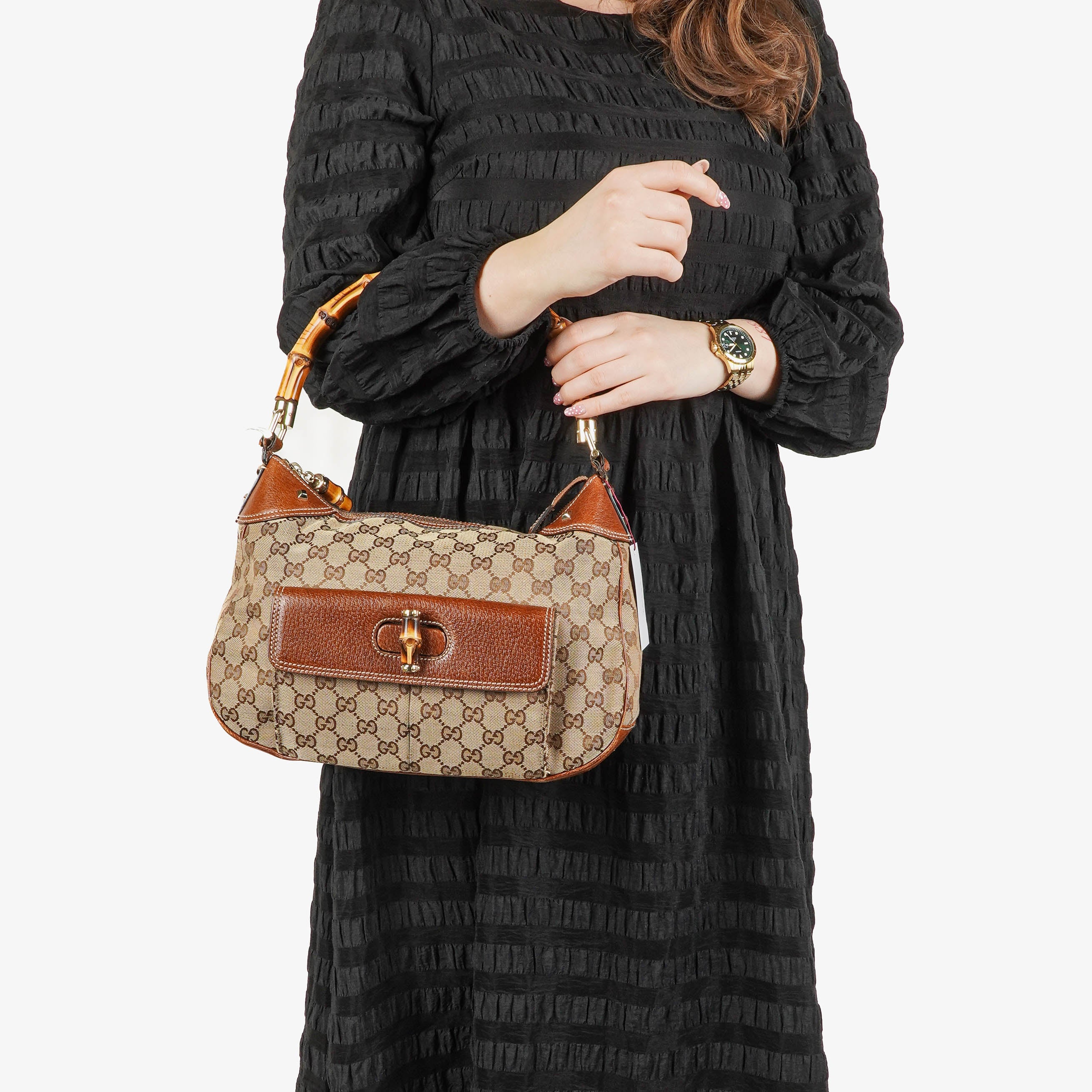 Gucci Bamboo Top Handle Beige GG Canvas Bag