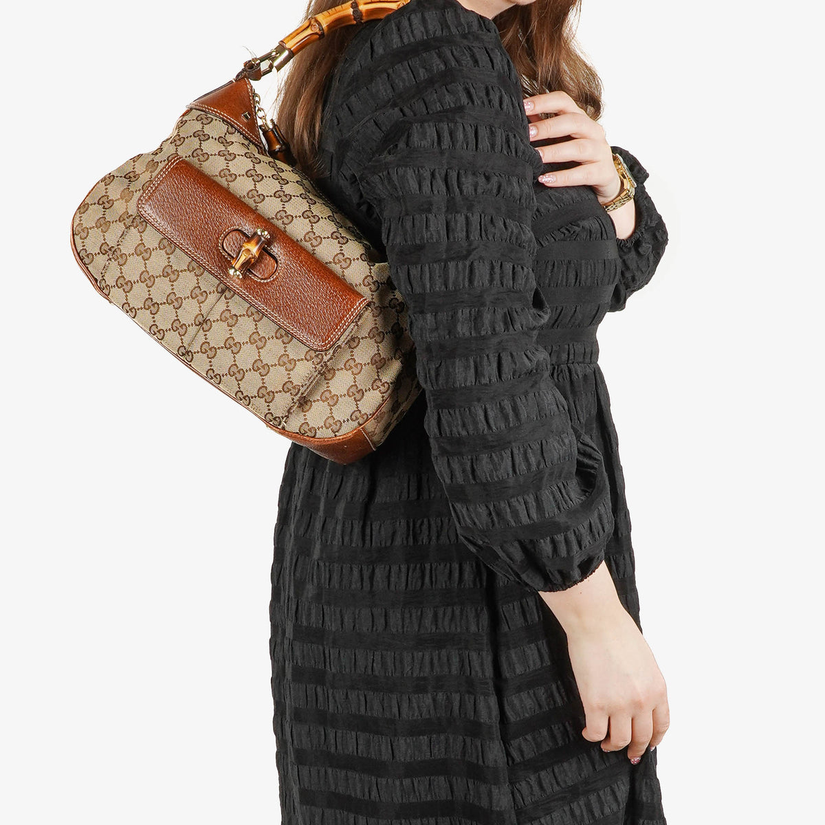 Gucci Bamboo Top Handle Beige GG Canvas Bag