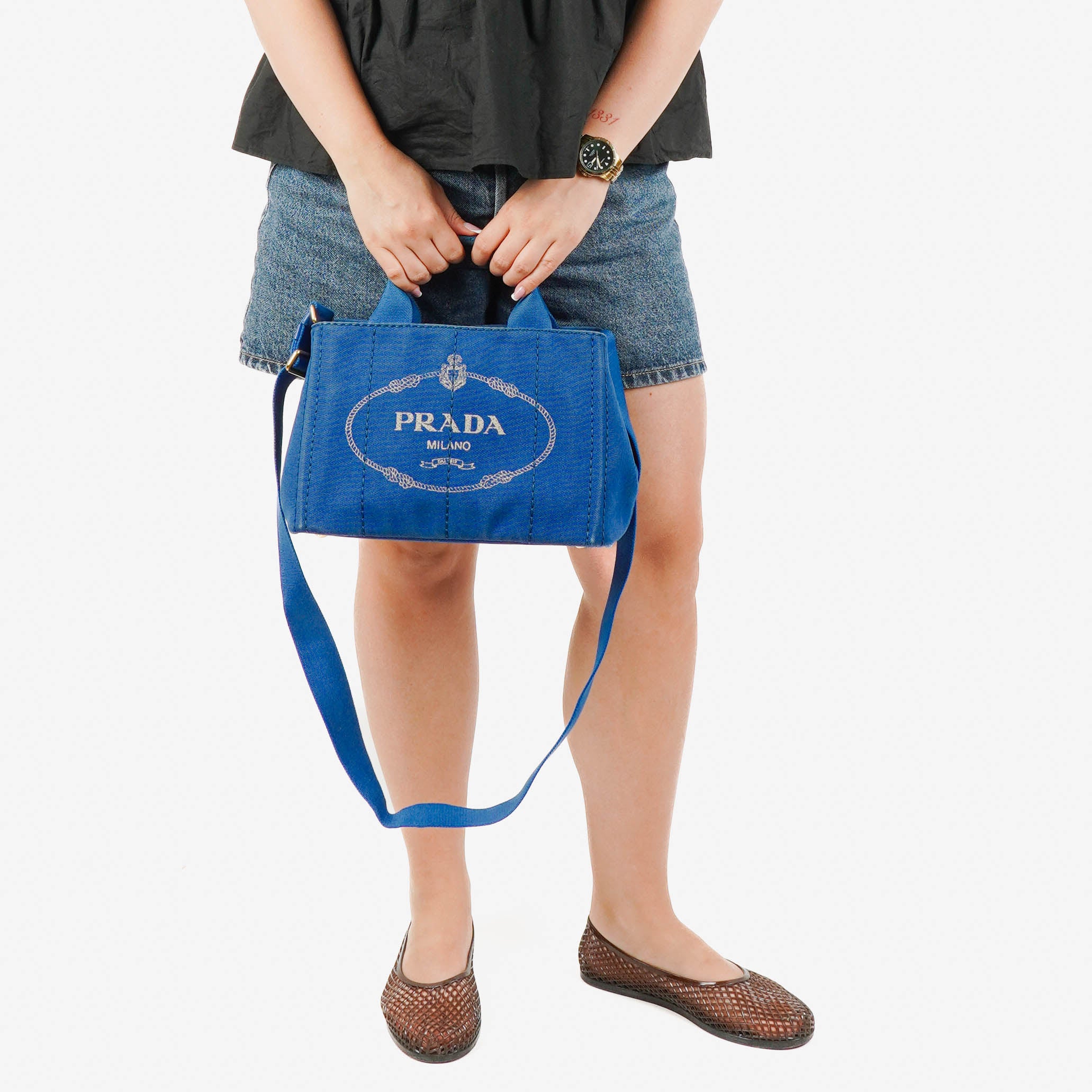 Prada Cobalto Canapa Logo Tote Bag