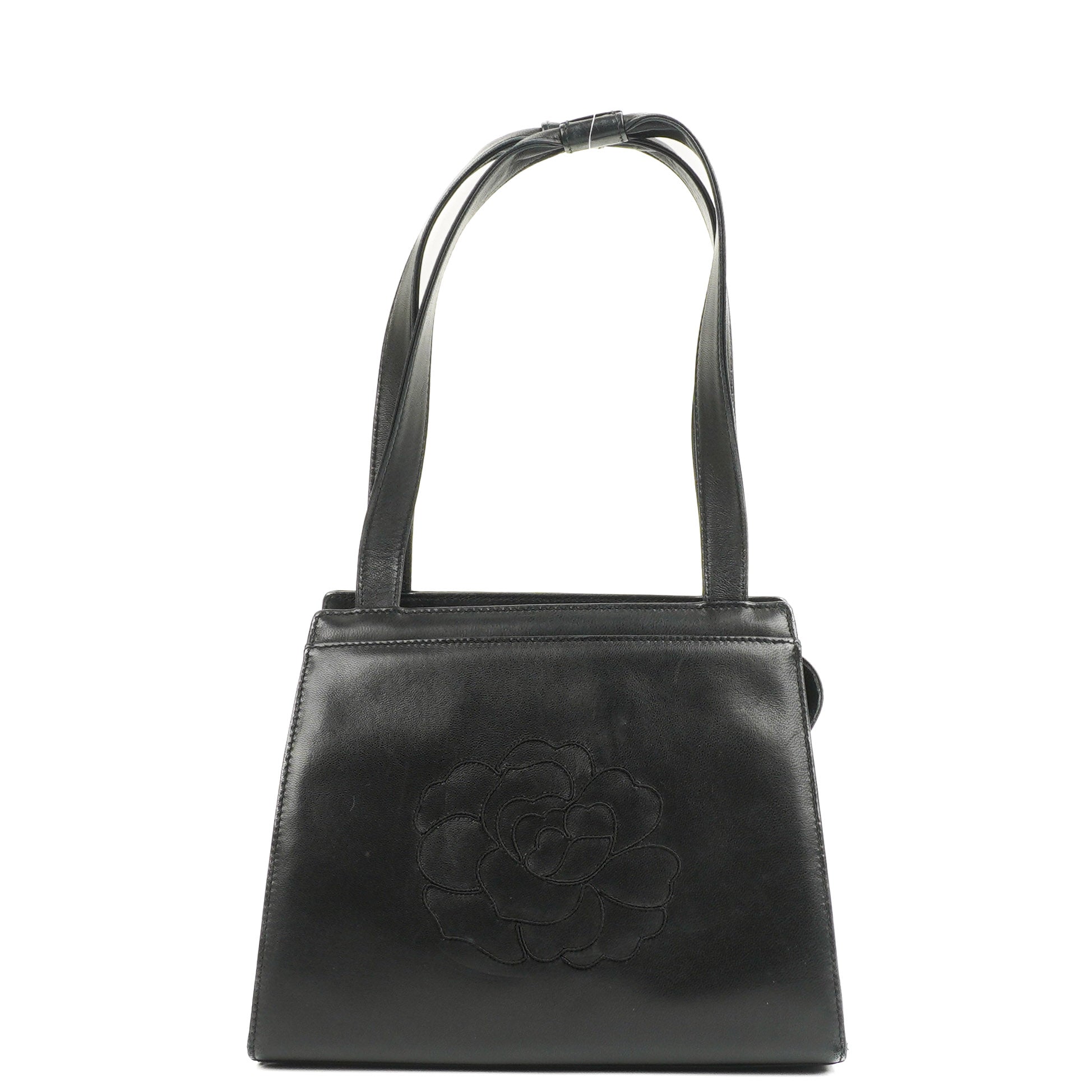Chanel Black Leather Camellia Top Handle Bag