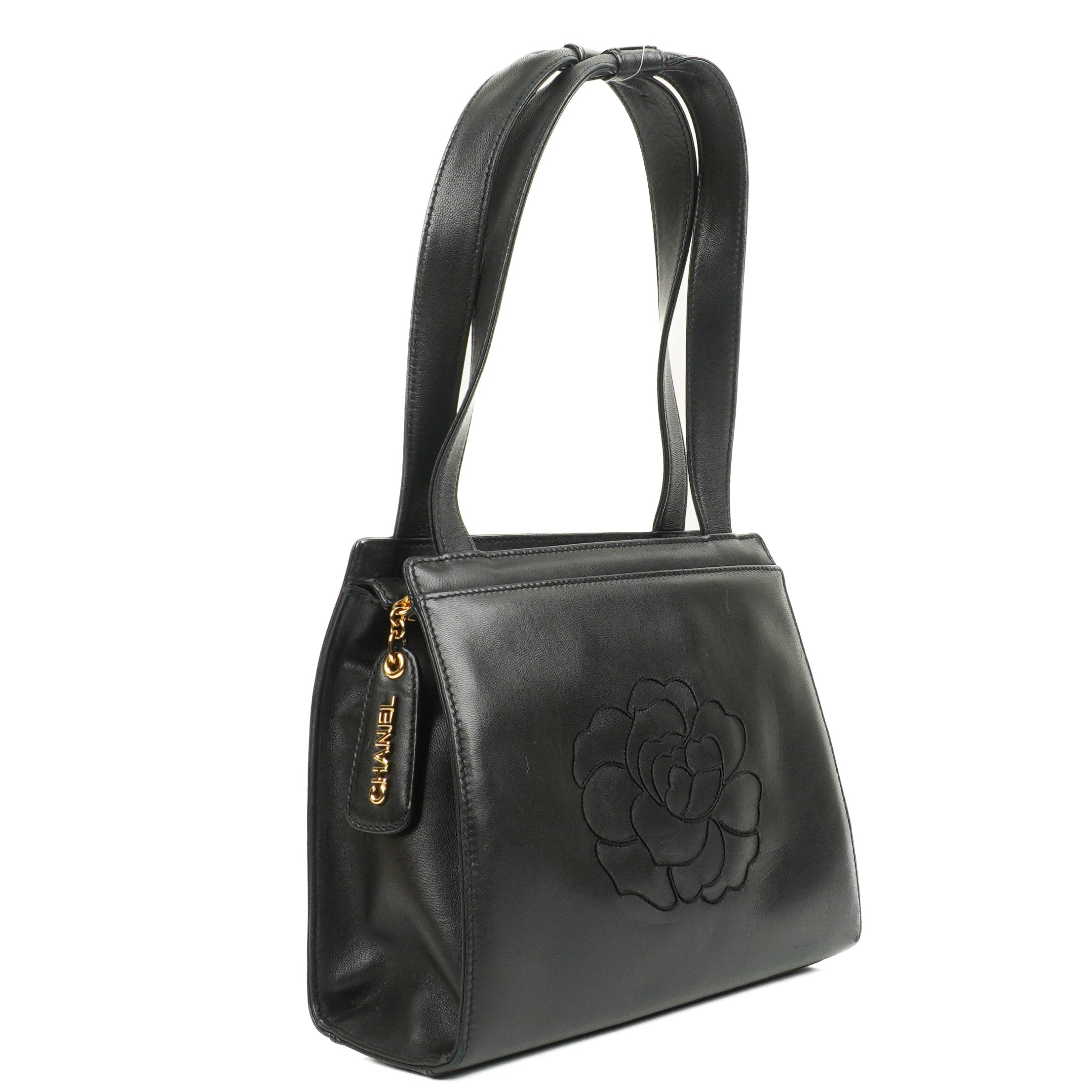 Chanel Black Leather Camellia Top Handle Bag