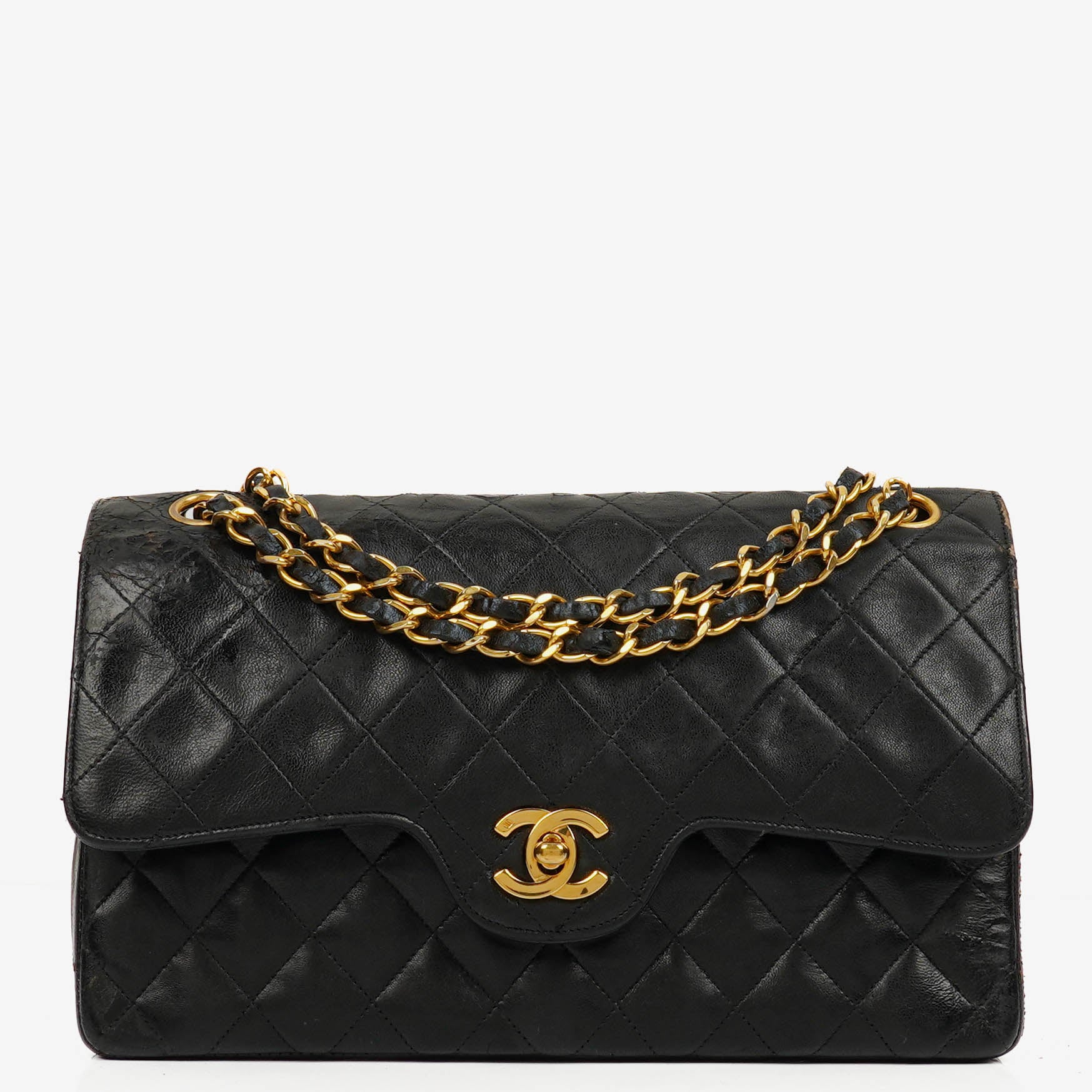 Chanel Vintage Classic Double Flap Bag in Quilted Black Lambskin with 24K Gold-Plated Hardware