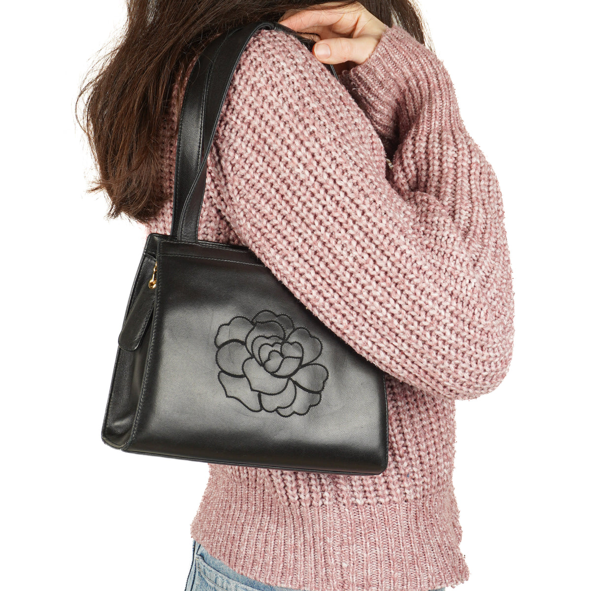 Chanel Black Leather Camellia Top Handle Bag