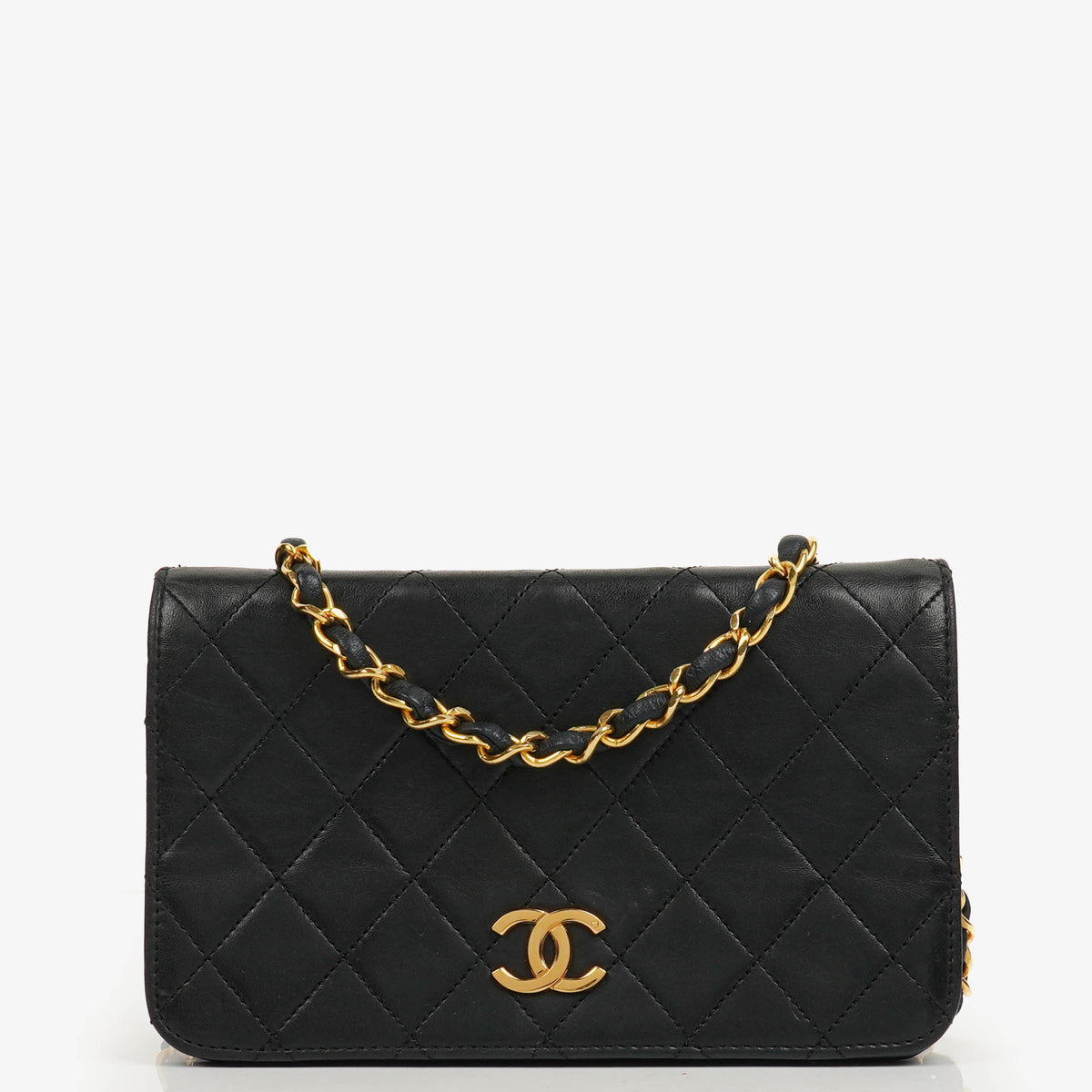 Chanel Mini Classic Black Quilted Lambskin Full Flap Wallet On Chain WOC With 24K Gold-Plated Hardware
