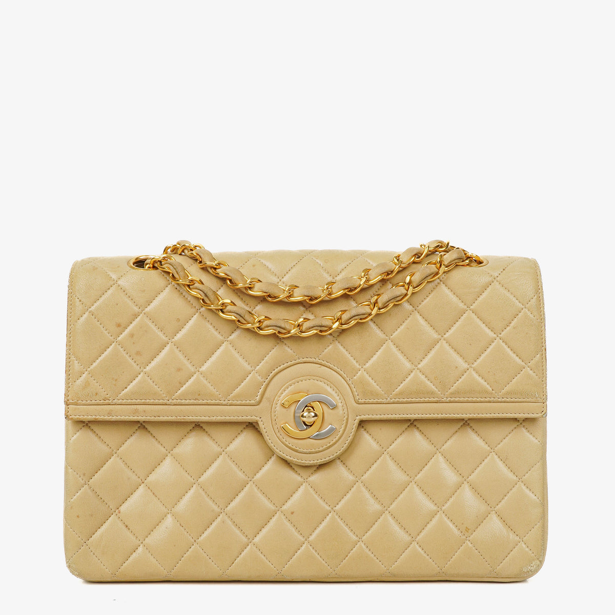 Chanel Classic Medium Single Flap Bag Beige Quilted Leather With Gold and Silver Tone Combo Hardware