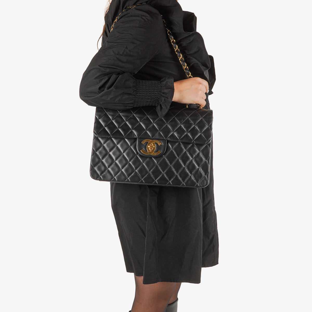 Chanel Maxi CC Classic Single Flap Maxi Logo Bag Black Quilted Lambskin 24K Gold-Plated Hardware
