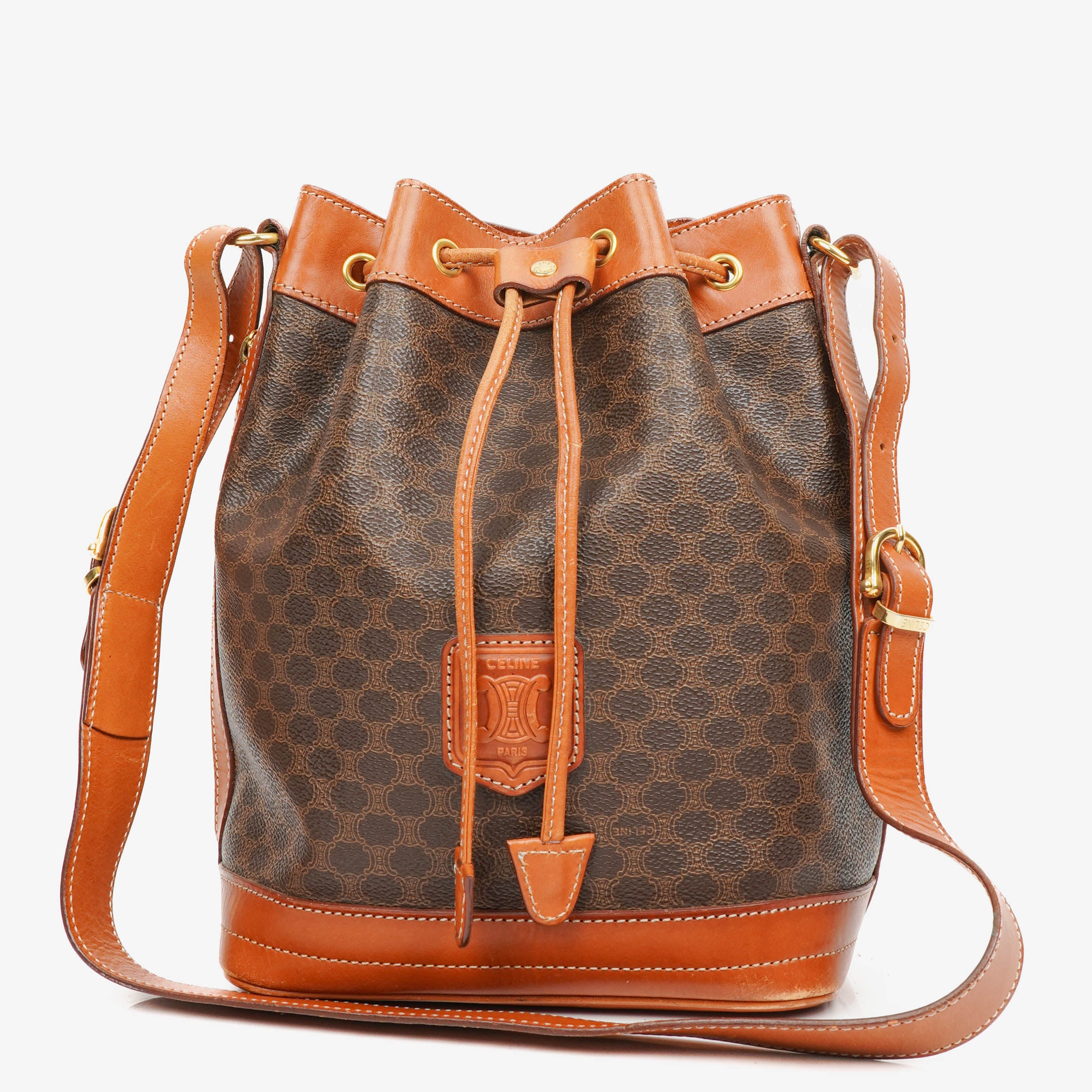 Celine Vintage Macadam Triomphe Brown Drawstring Bucket Bag
