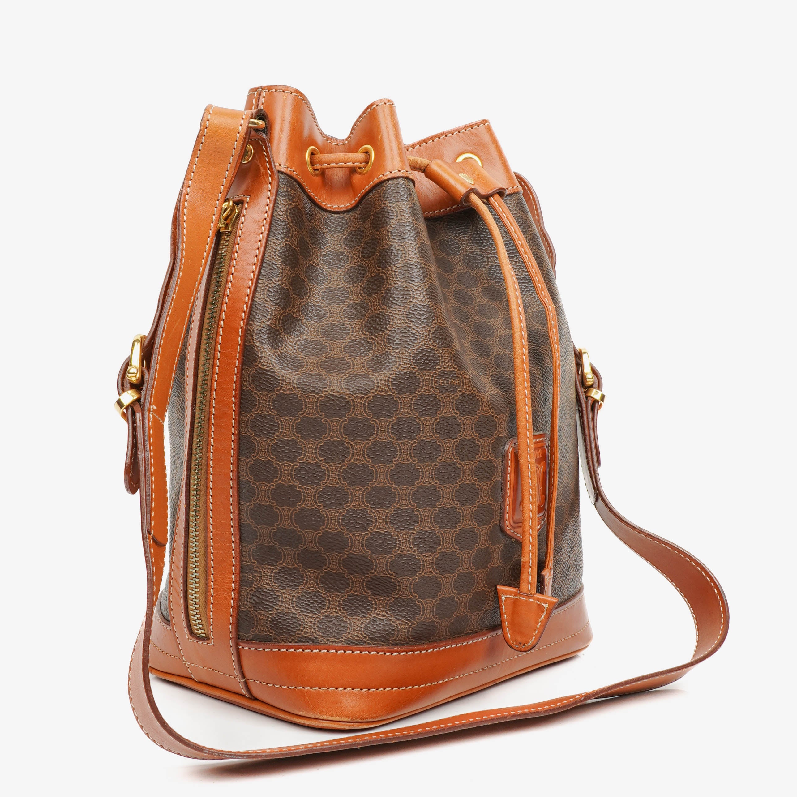 Celine Vintage Macadam Triomphe Brown Drawstring Bucket Bag