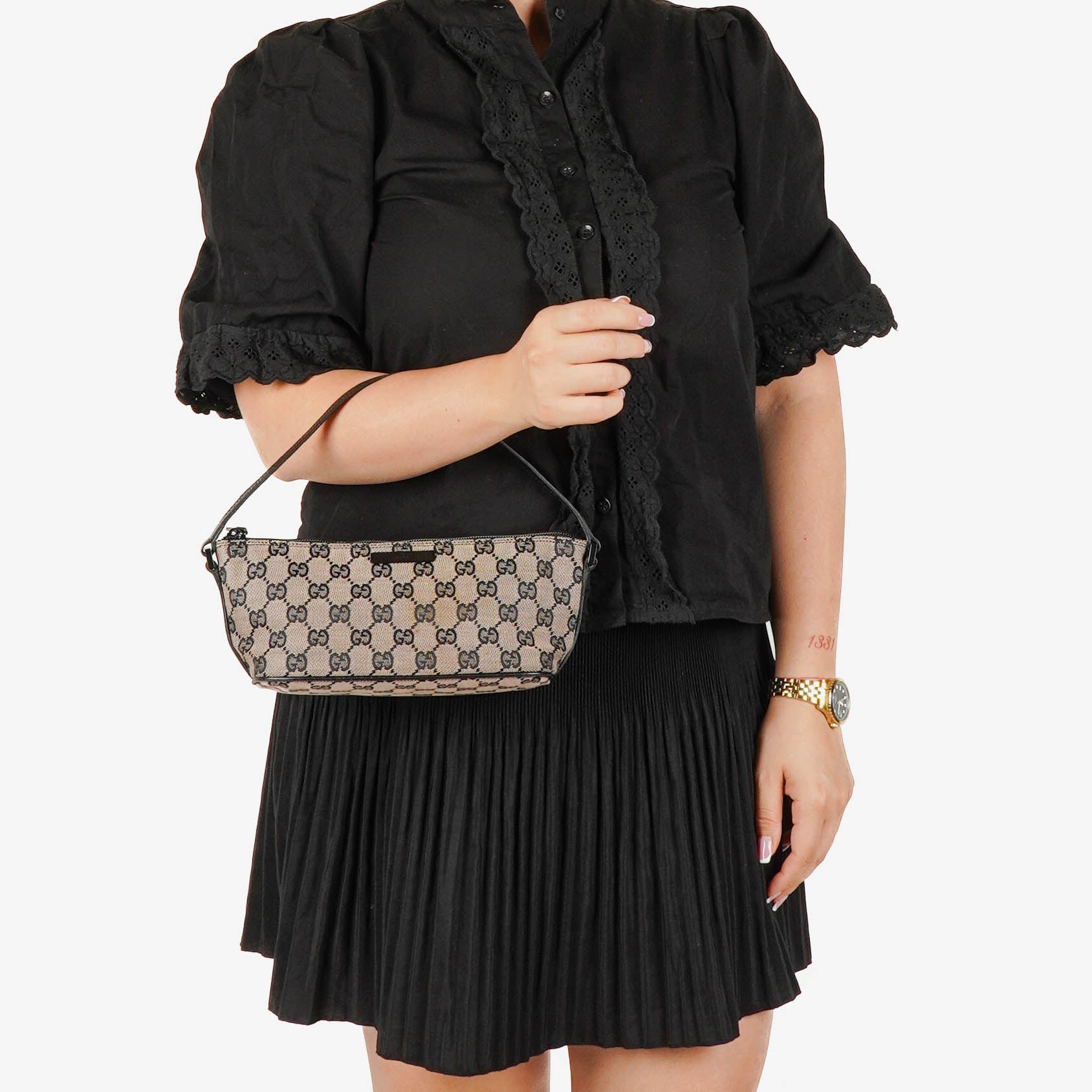 Gucci Mini Baguette Pochette Boat Pink/Black GG Monogram Bag