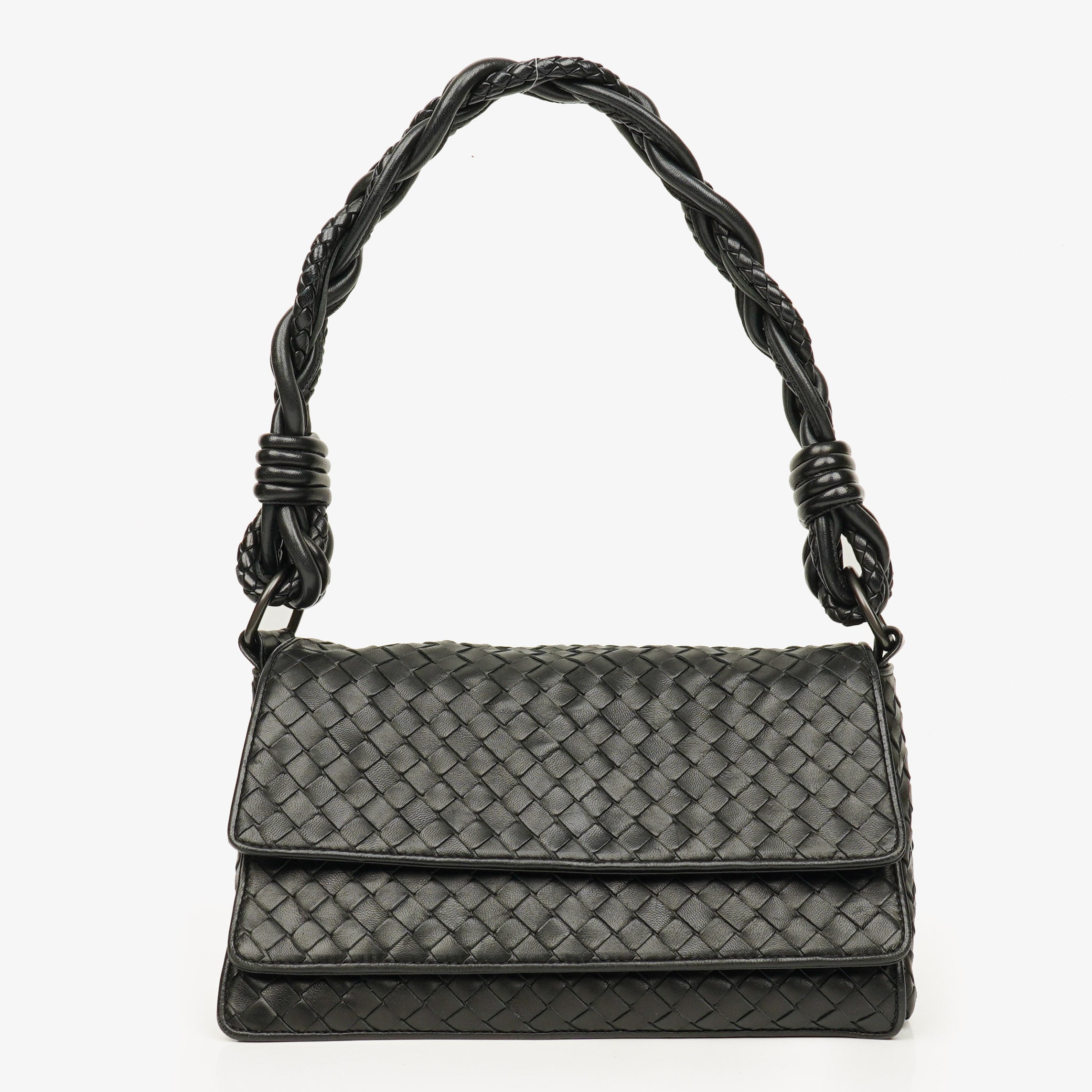 Bottega Veneta Black Intrecciato Leather Braided Handle Flap Shoulder Bag