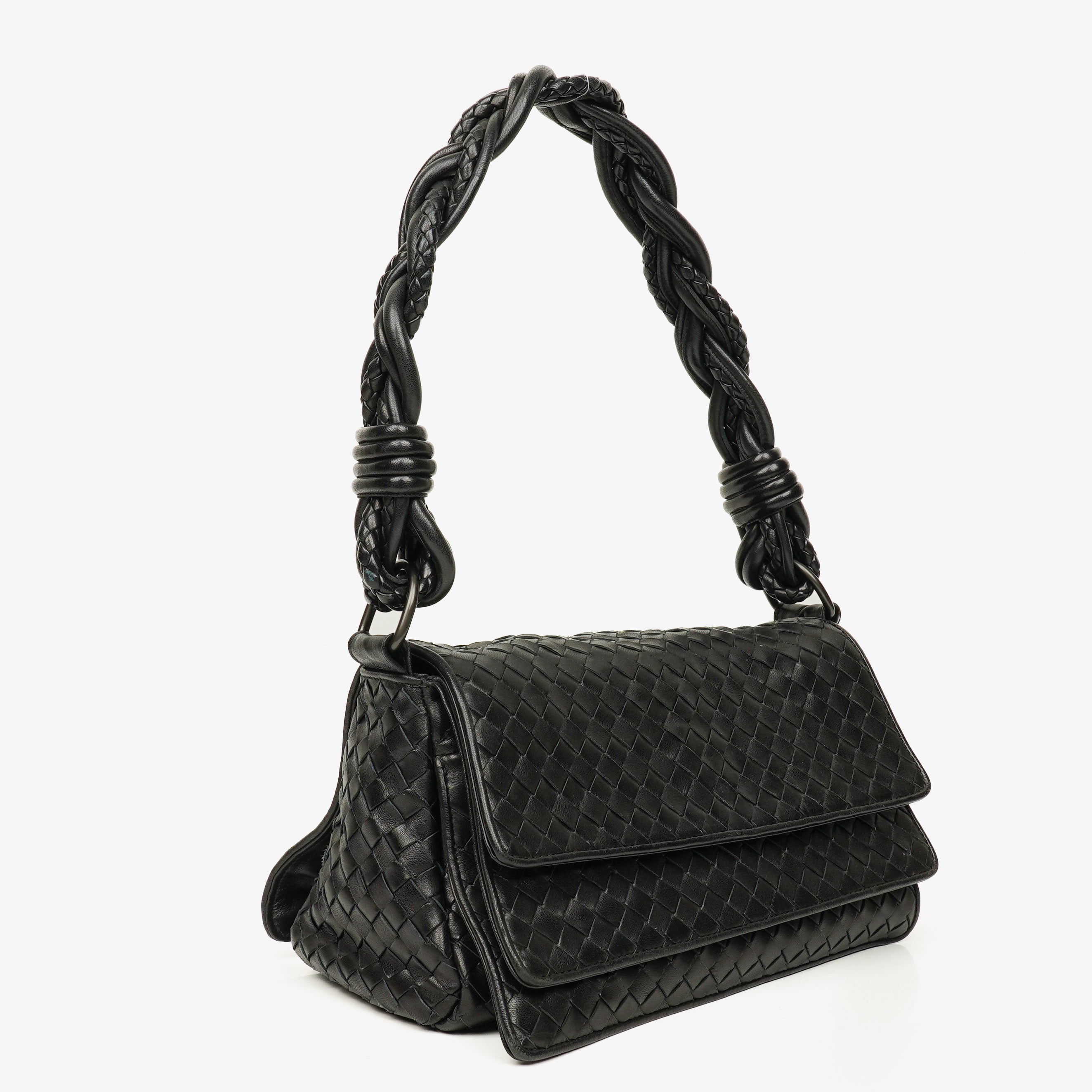 Bottega Veneta Black Intrecciato Leather Braided Handle Flap Shoulder Bag