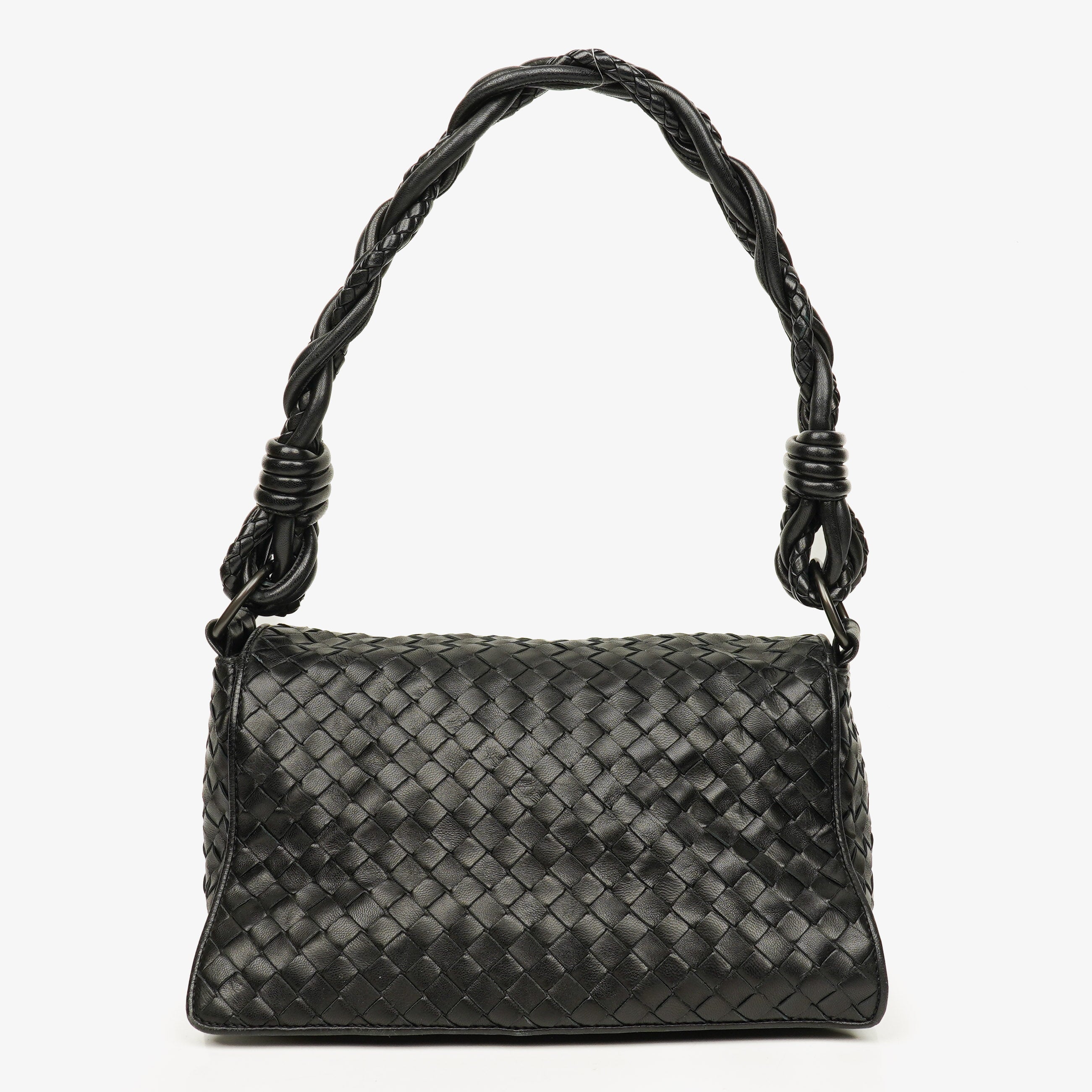 Bottega Veneta Black Intrecciato Leather Braided Handle Flap Shoulder Bag