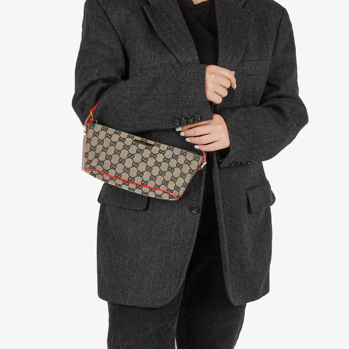 Gucci Baguette Pochette Boat Beige/Red GG Monogram Bag