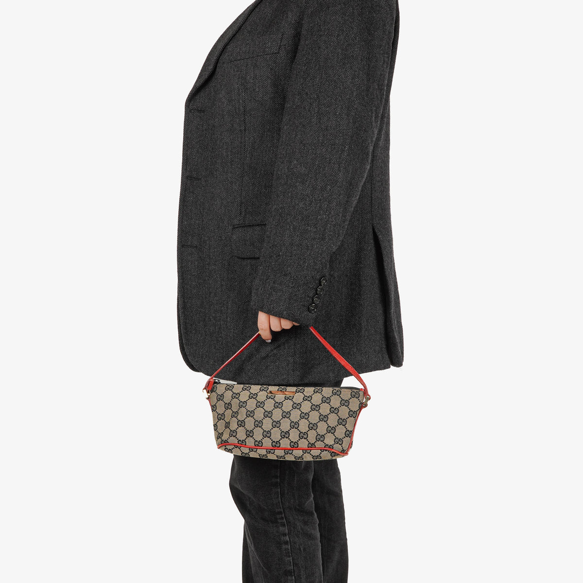 Gucci Baguette Pochette Boat Beige/Red GG Monogram Bag