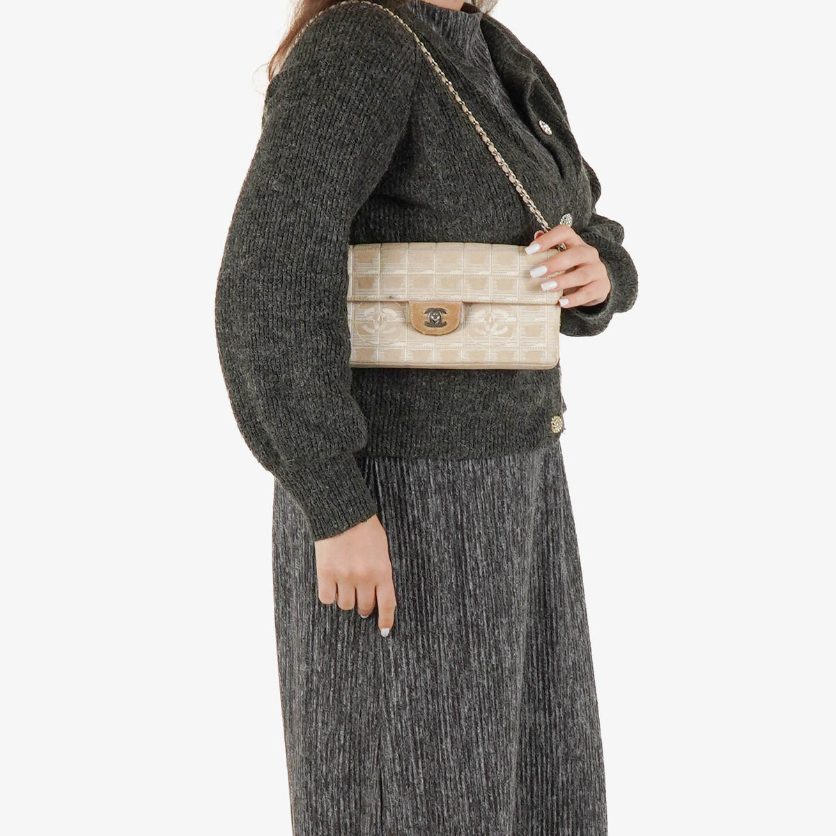 Chanel Beige East West Travel Line Chocolate Bar Flap Bag