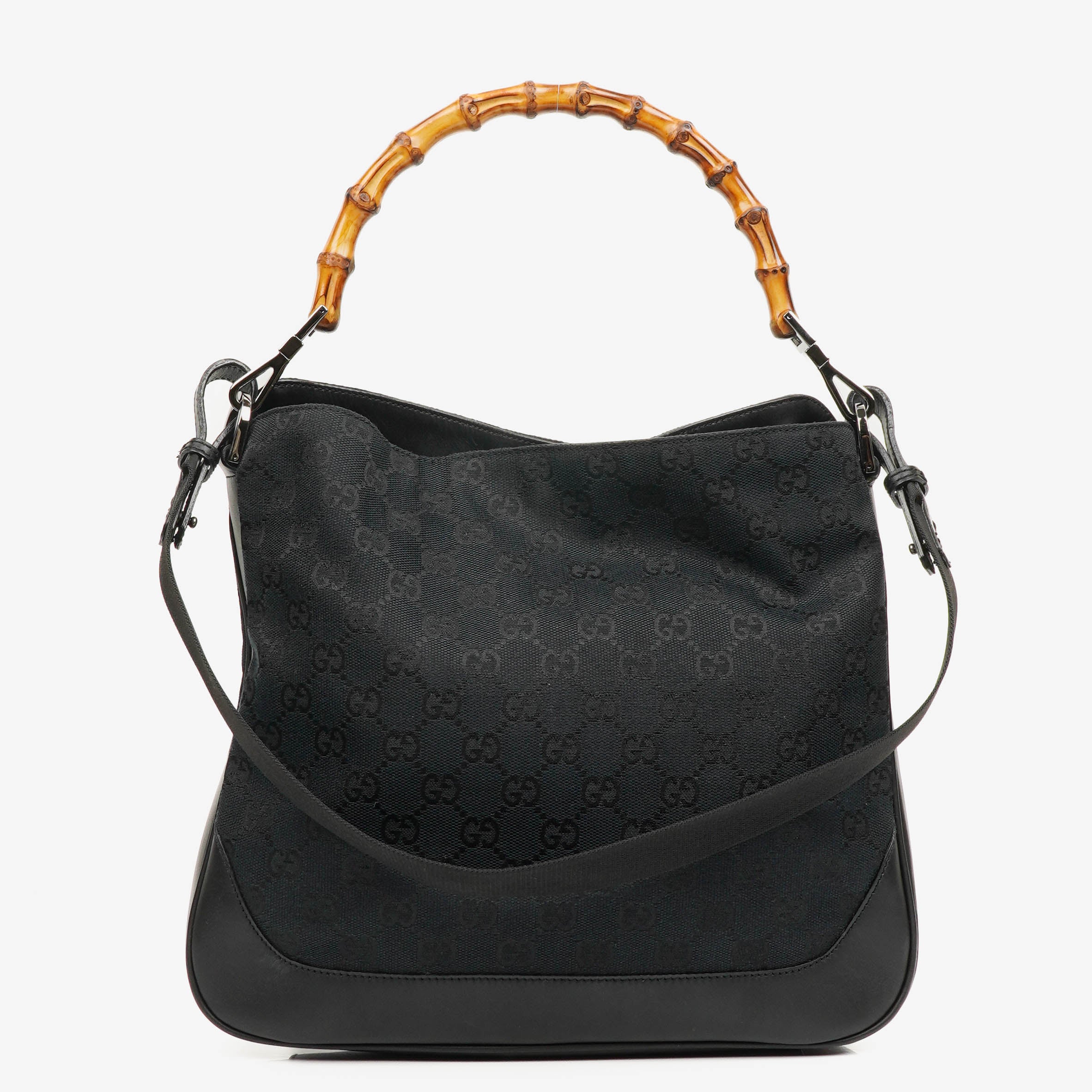 Gucci Bamboo Top Handle Dark Navy Monogram Canvas And Leather Hobo Bag