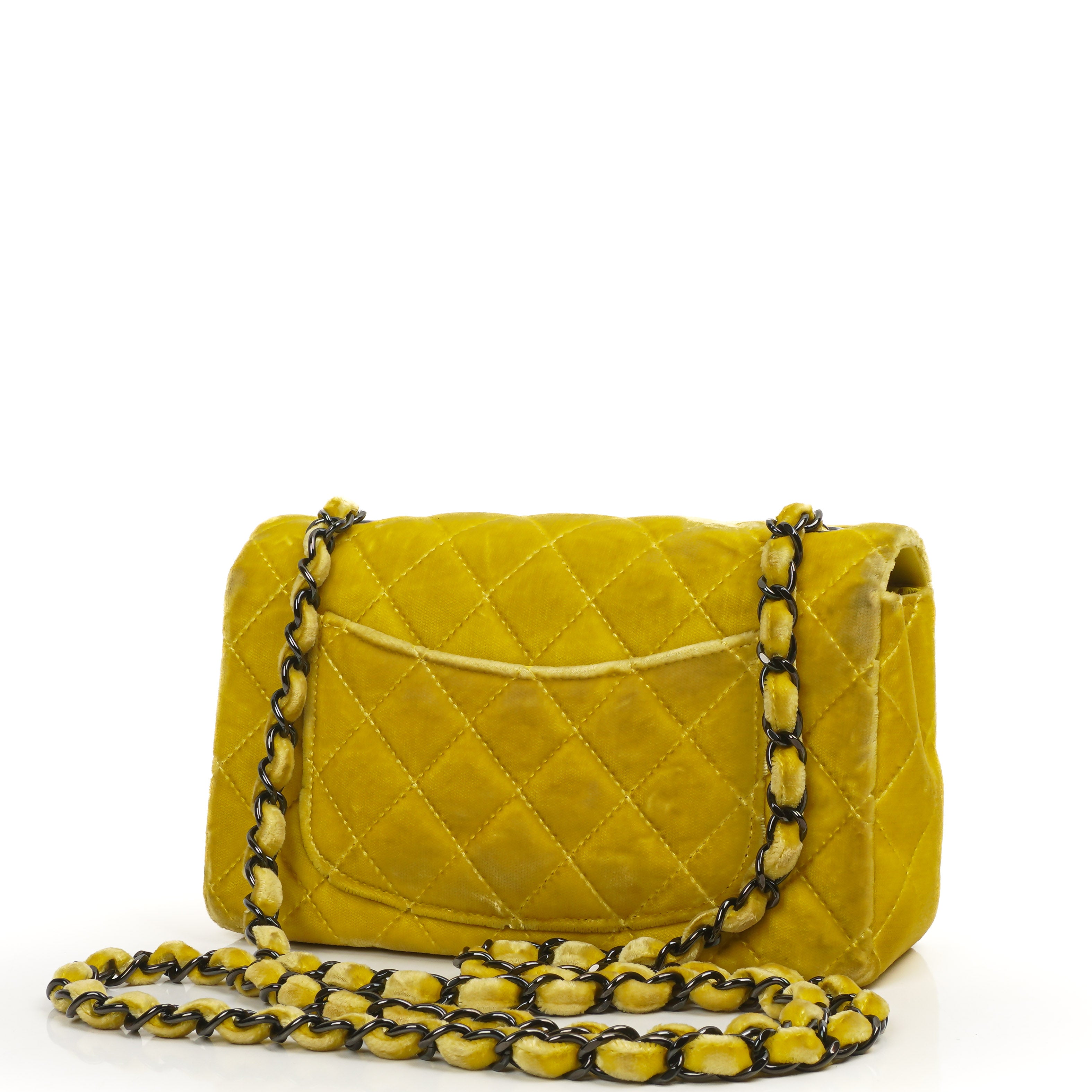 Chanel Mini Rechteckige Single Flap Tasche Gelber Gesteppt Samt Mit Schwarzer Hardware