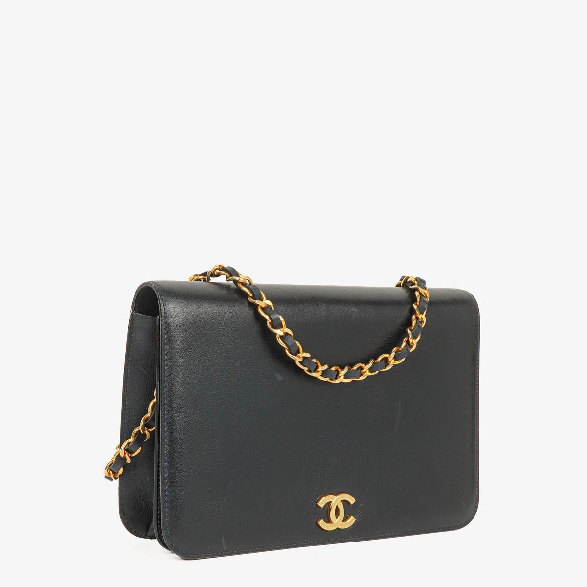 Chanel Classic Calfskin Box Leather Navy Full Flap Bag With 24K Gold-Plated Hardware