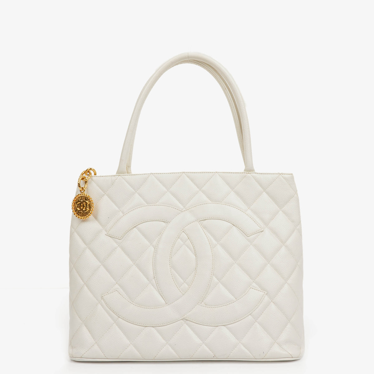 Chanel Medallion Vintage Tote Bag In White Quilted Caviar Leather