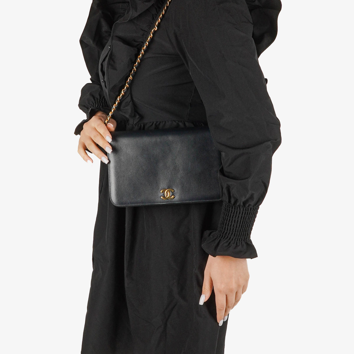 Chanel Classic Calfskin Box Leather Navy Full Flap Bag With 24K Gold-Plated Hardware