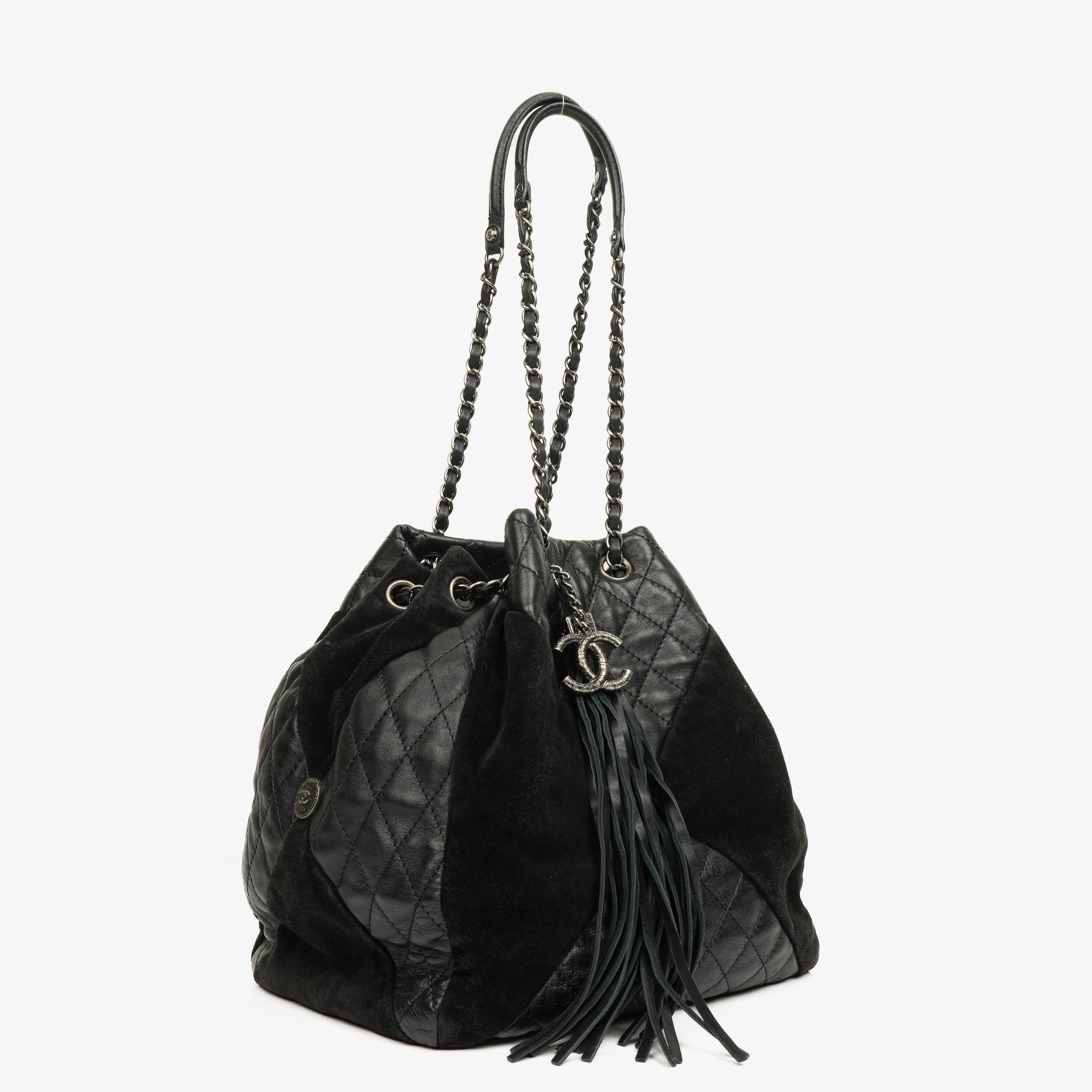 Chanel Leather and Suede Patchwork Drawstring Bag