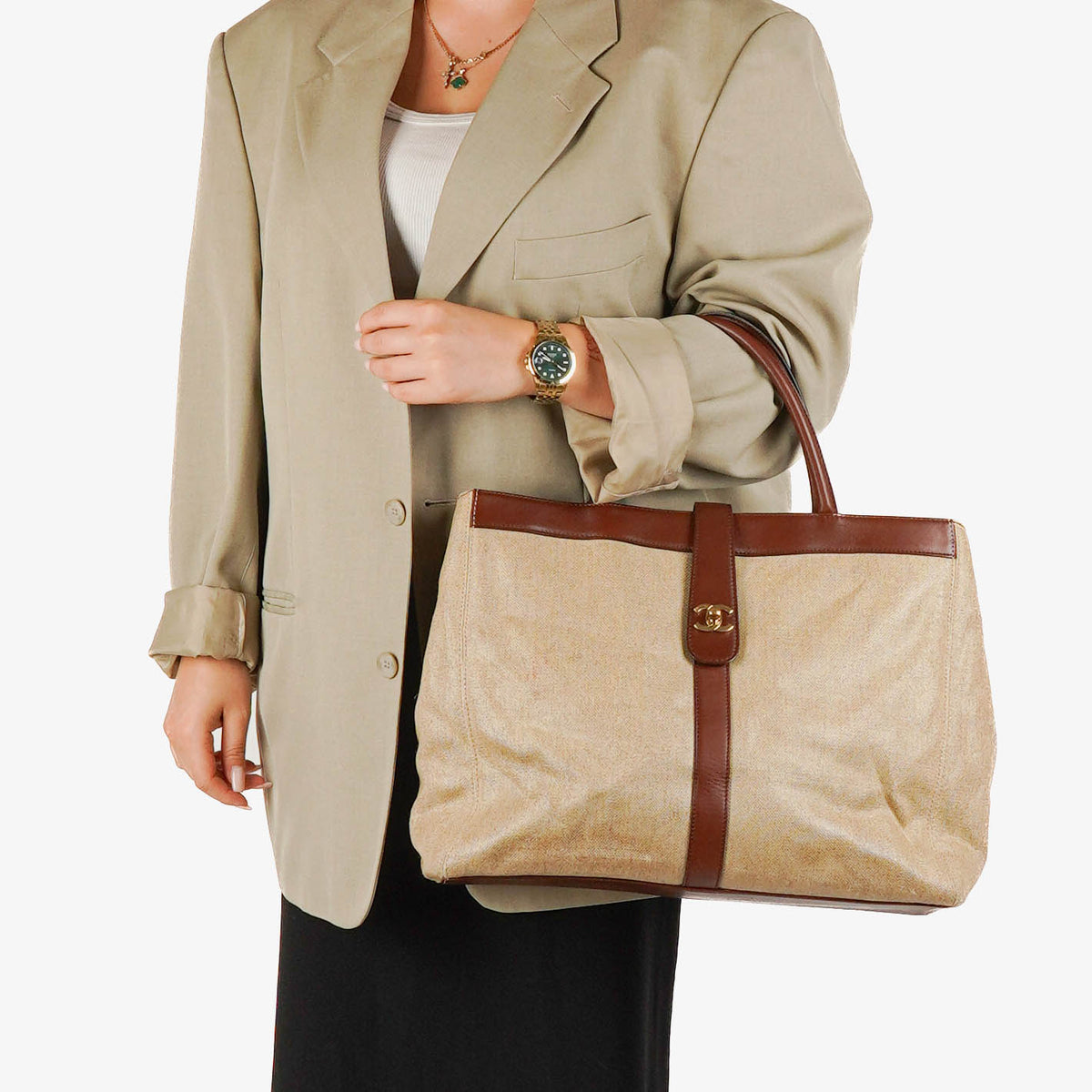 Chanel Beige Linen And Brown Leather Tote Bag
