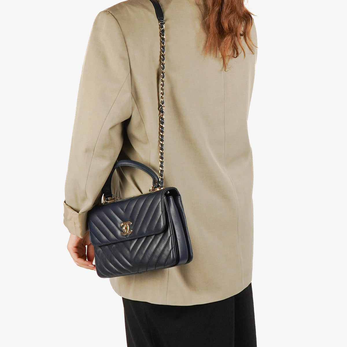 Chanel Navy Lambskin Chevron Quilted Small Trendy CC Flap Bag