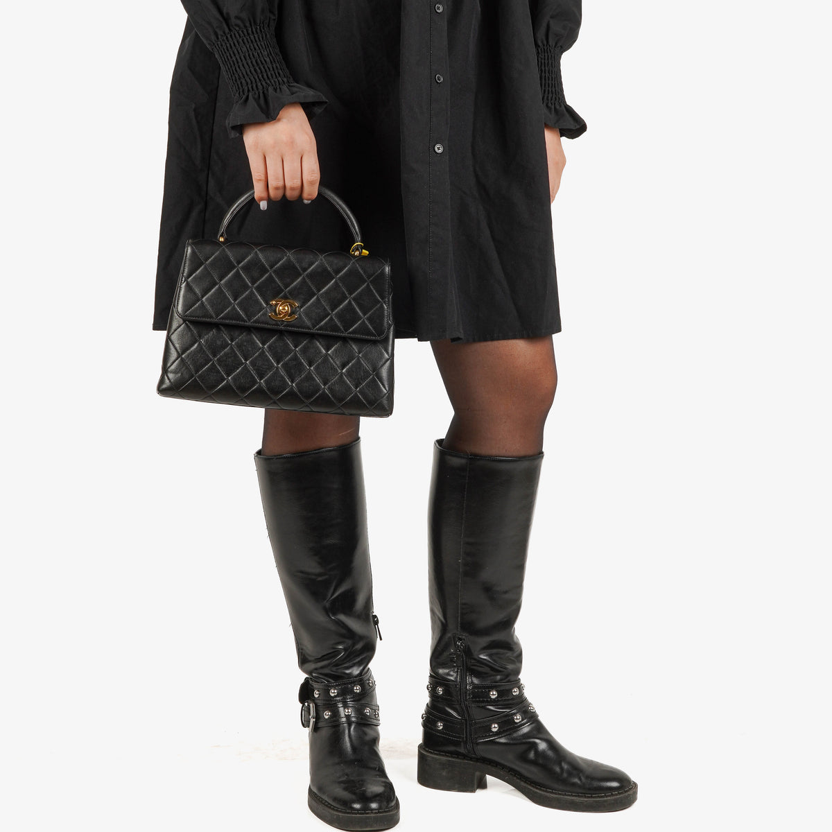 Chanel Kelly Top Handle Black Quilted Lambskin Bag