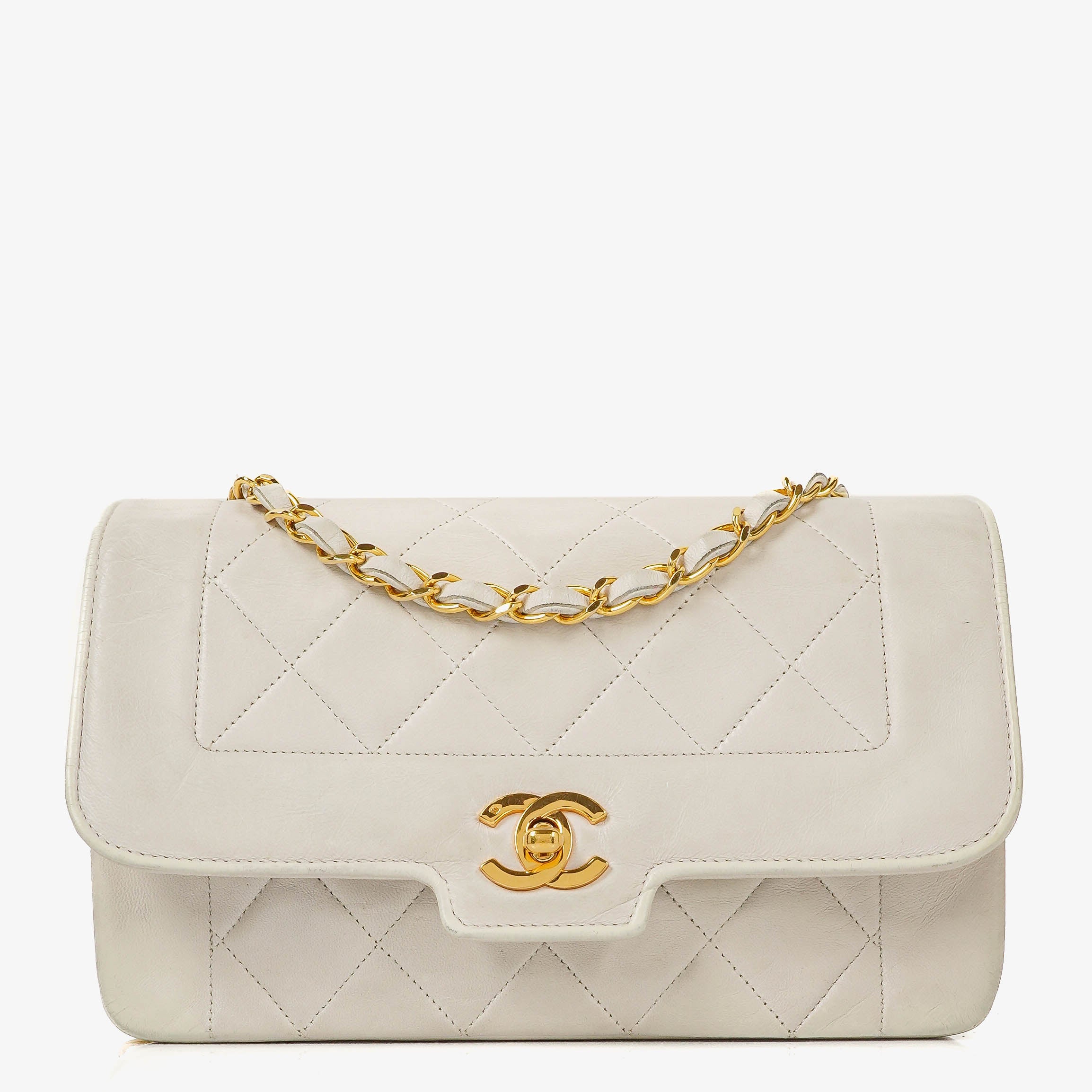 Chanel Diana White Quilted Lambskin Vintage Small Flap Bag With 24K Gold-Plated Hardware