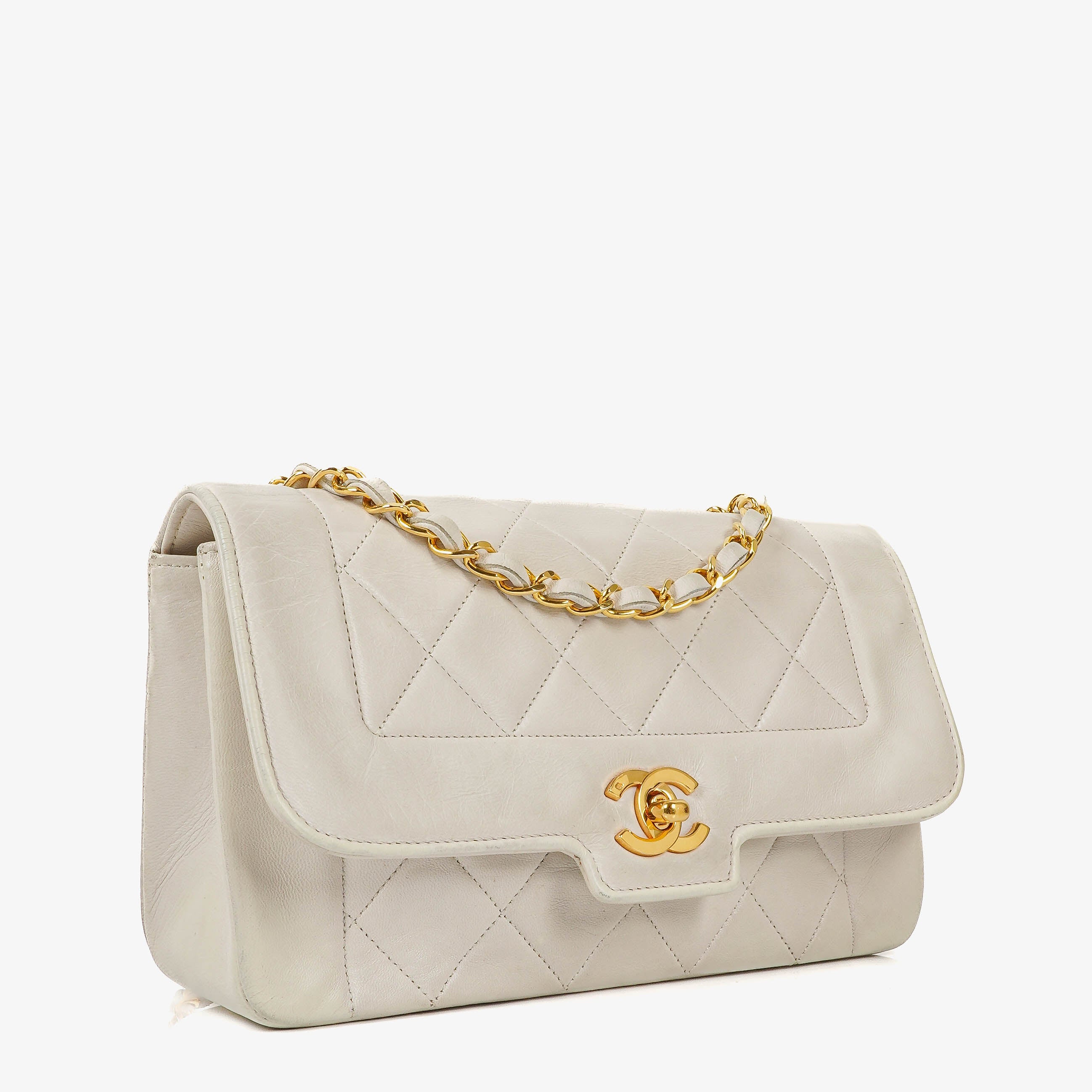 Chanel Diana White Quilted Lambskin Vintage Small Flap Bag With 24K Gold-Plated Hardware