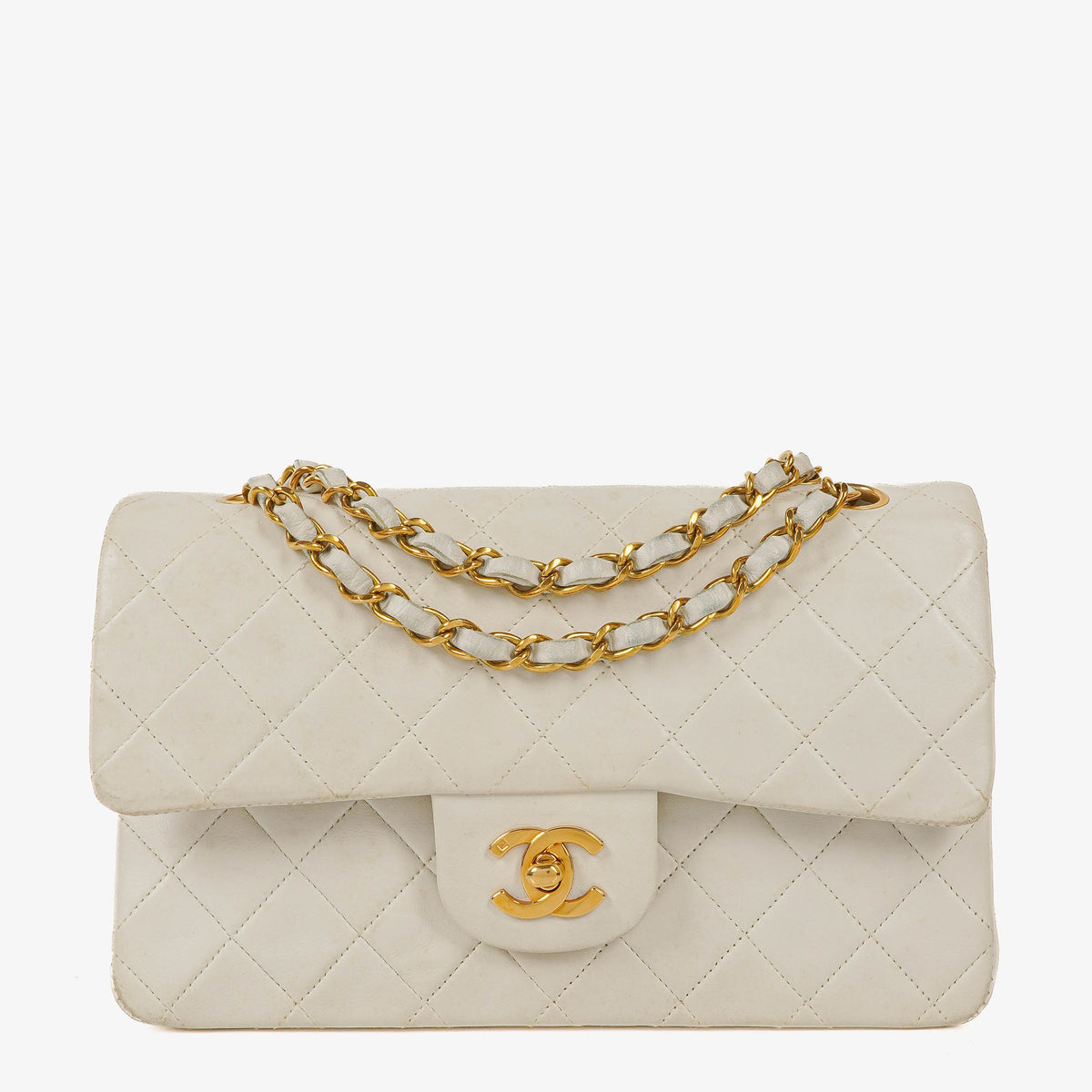 Chanel Small Classic Vintage Double Flap Bag White Quilted Lambskin 24K Gold-Plated Hardware