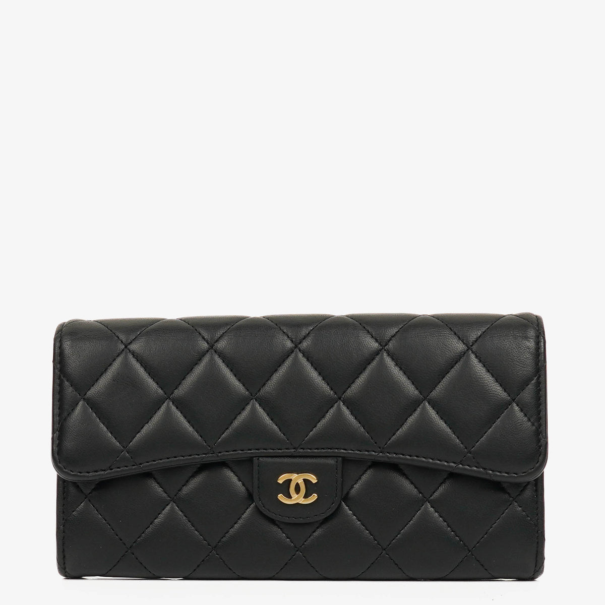 Chanel Lambskin Quilted Large Gusset Flap Wallet Black