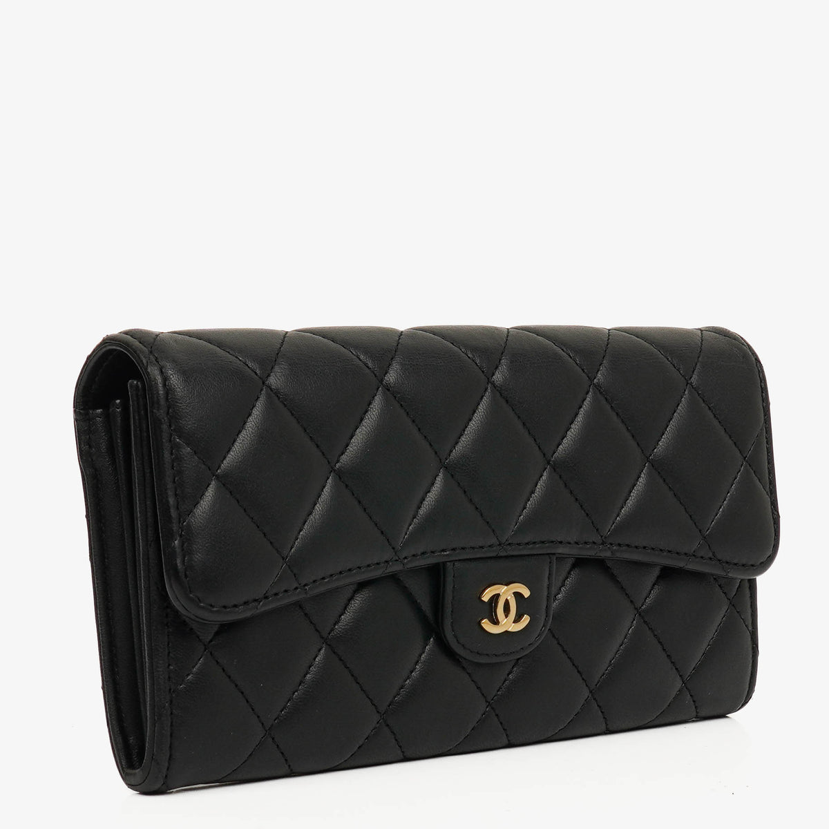 Chanel Lambskin Quilted Large Gusset Flap Wallet Black