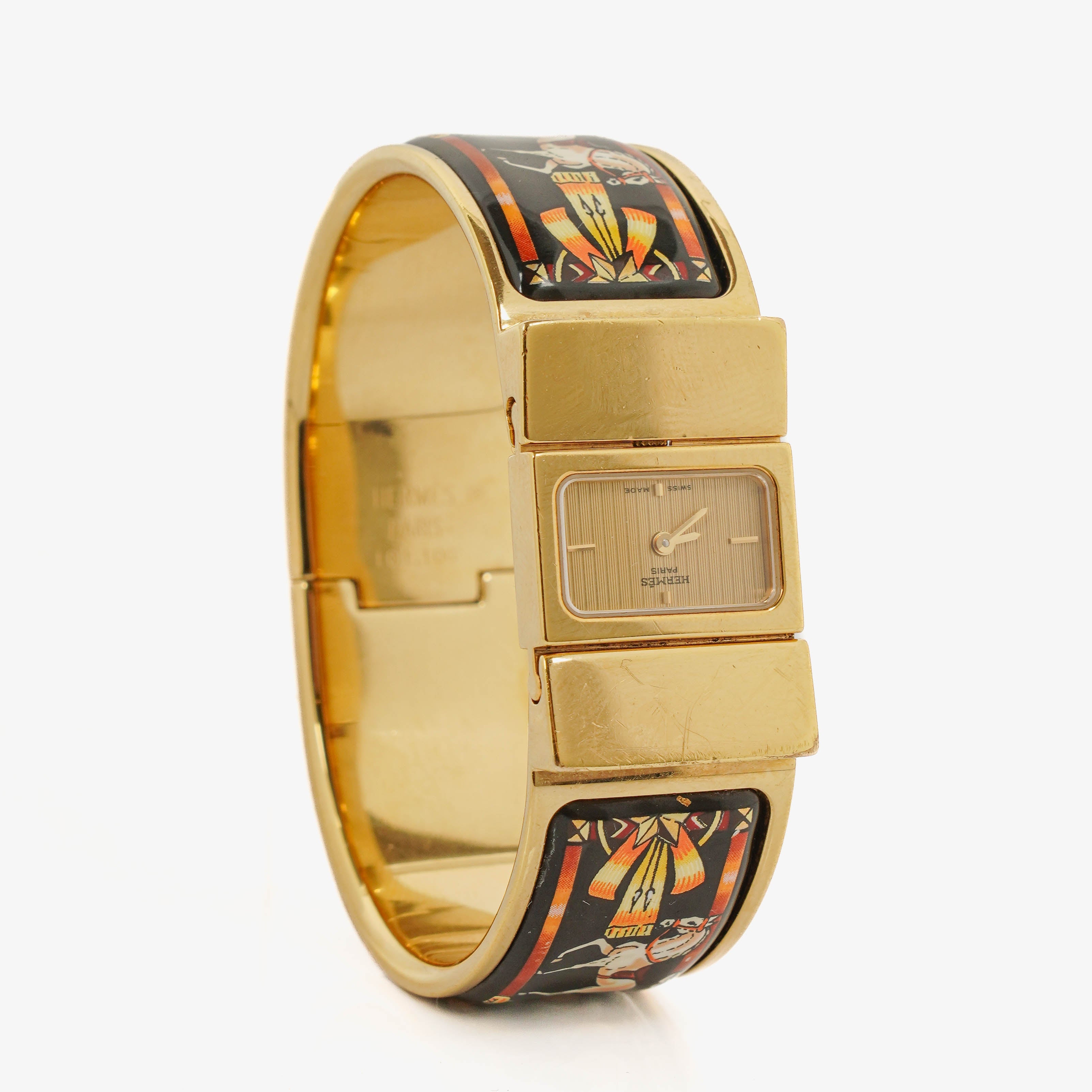 Hermes Black Equestrian Enamel and Gold Plated Loquet Bangle Quartz Watch L01.100